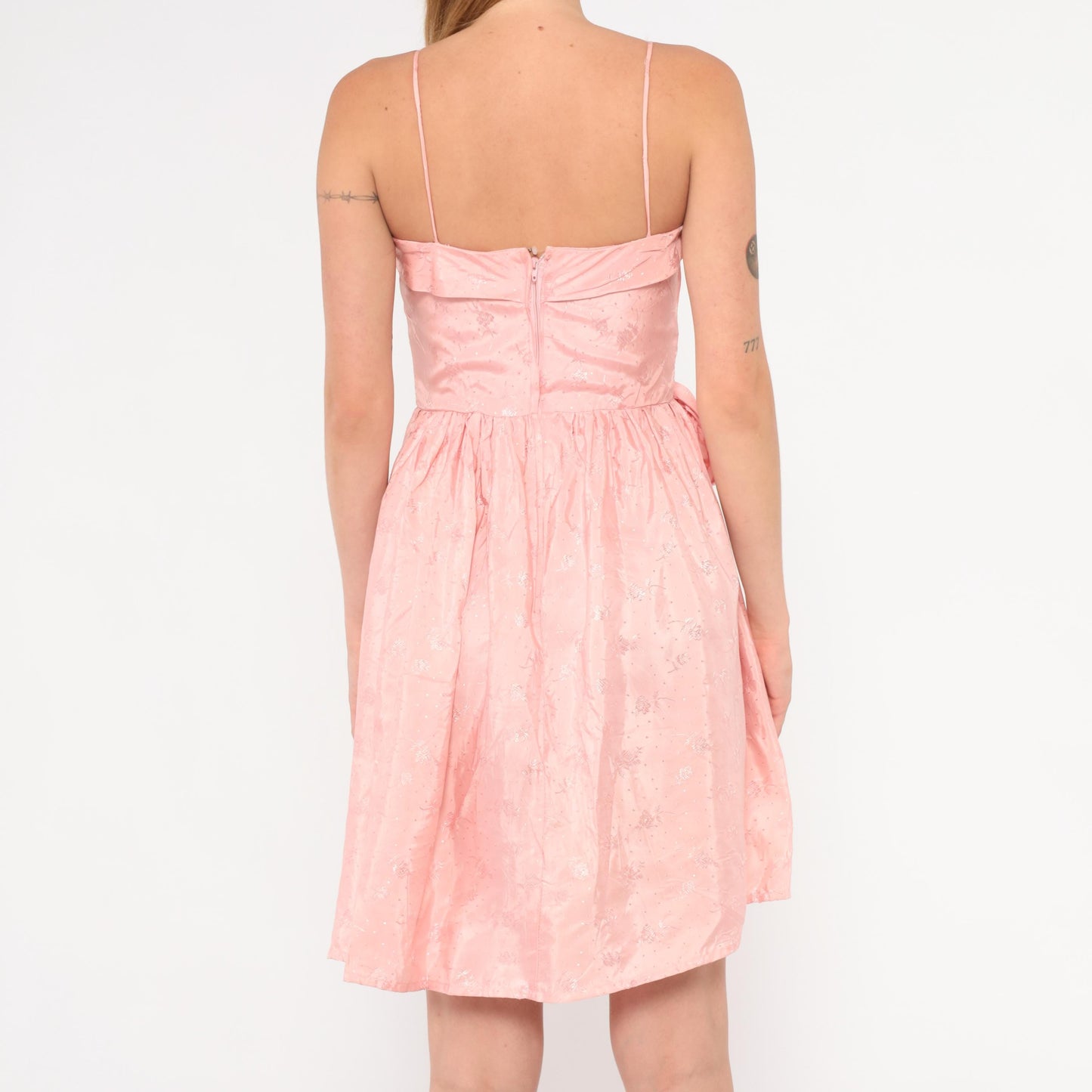 60s Pink Mini Dress Ruched Bodice Bow Waist Gathered Skirt Extra Small XS