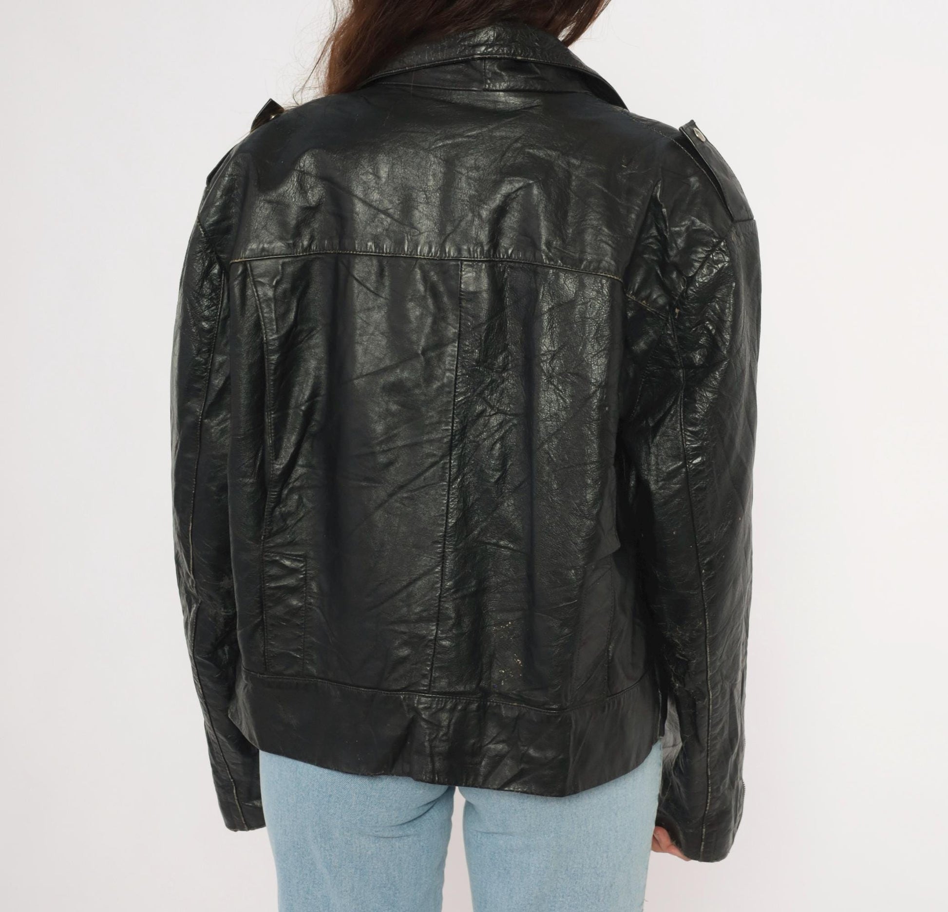 90s Black Leather Moto Jacket Asymmetrical Zip Biker Coat Medium M