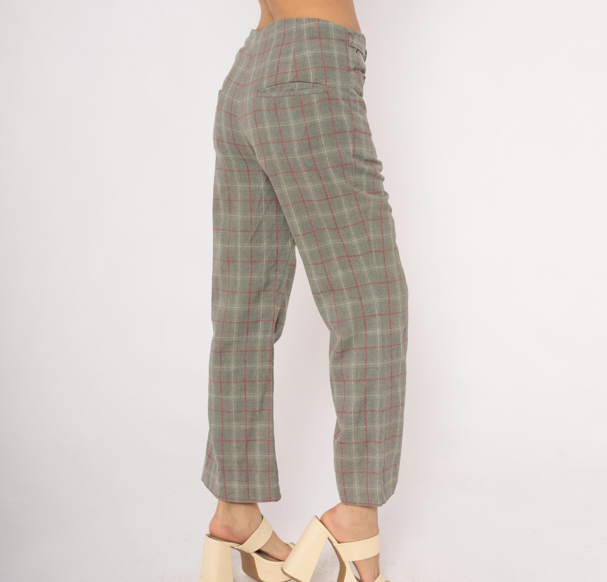 70s Grey Plaid Wool Blend Kick Flare Pants Red Windowpane Low Rise Medium M