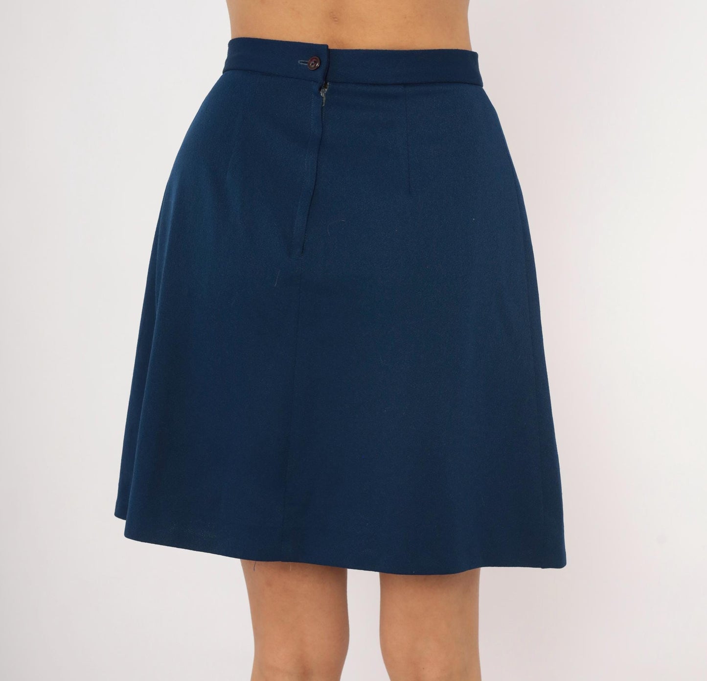 70s Navy Pleated A-Line Skirt High Waist Knee-Length Small