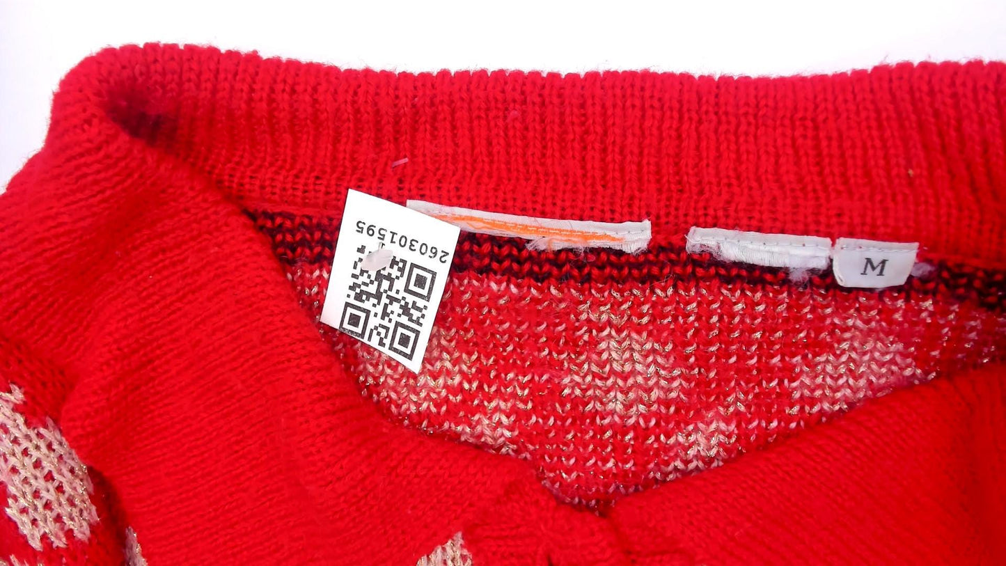 90s Animal Intarsia Knit Sweater Red Black Giraffe Moose Duck Collared Henley Medium M