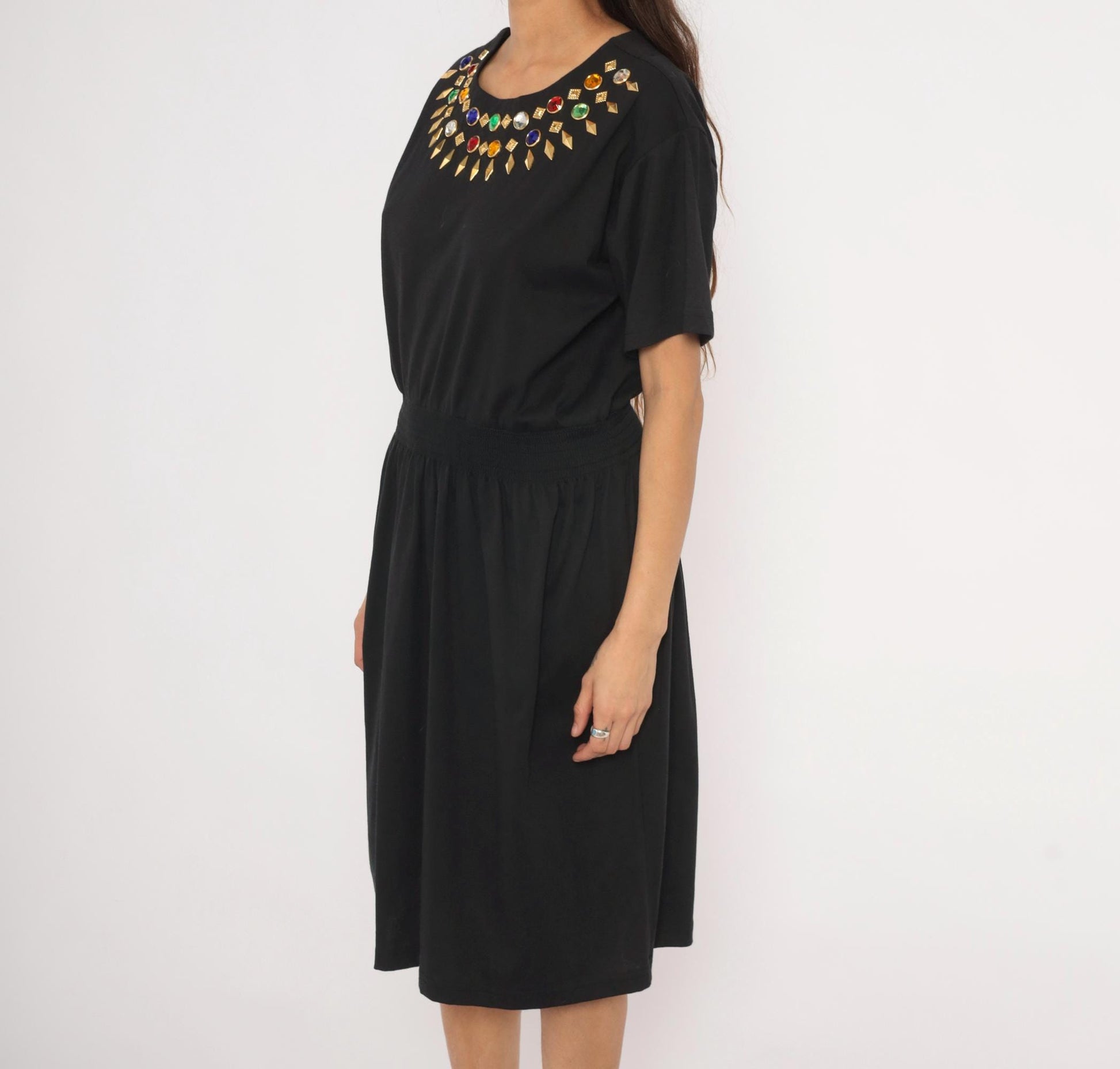 90s Cervelle Black Knee-Length Dress Rhinestone Jeweled Neckline Cotton Large L