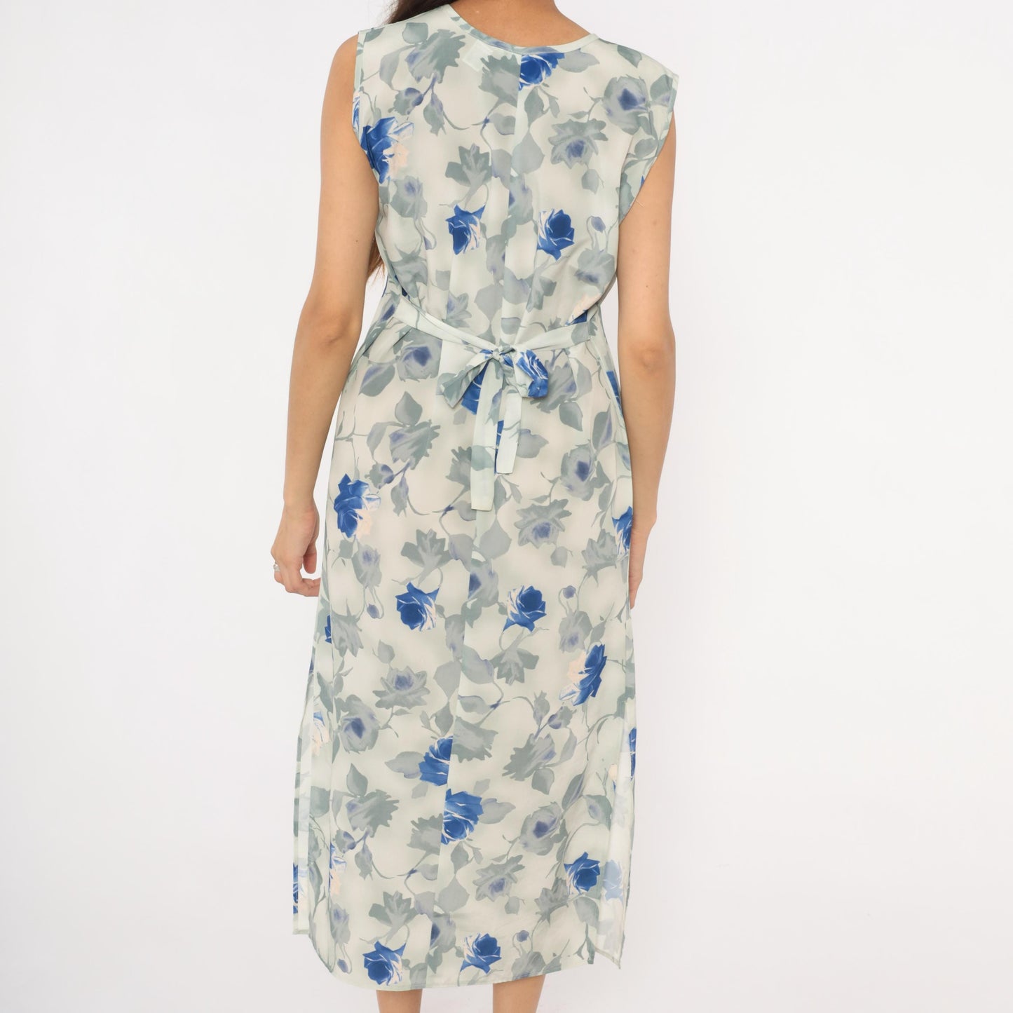 90s Steps Blue Rose Watercolor Midi Dress Ivory Chiffon Cap Sleeve Small S