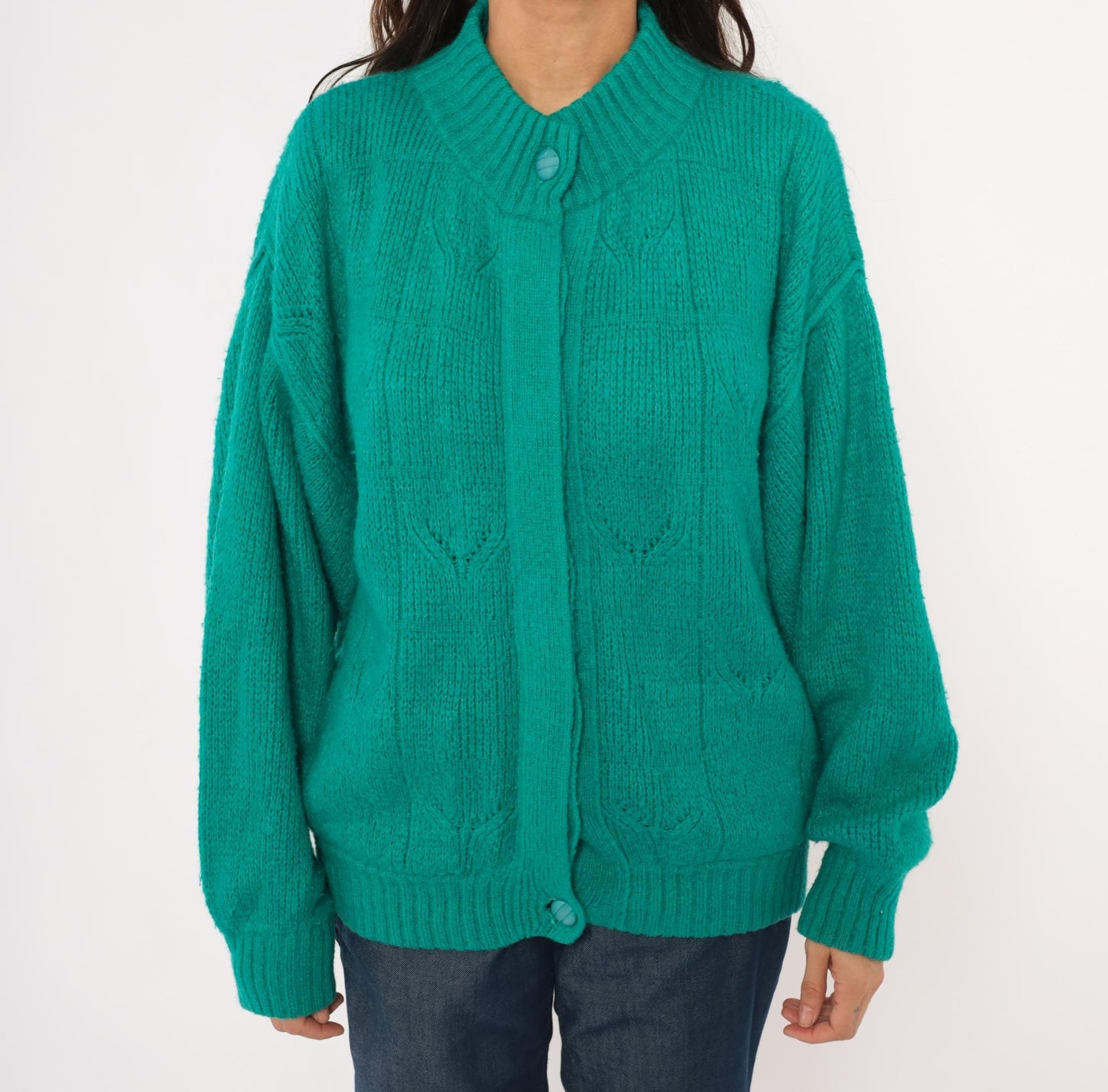 90s Astri Teal Mohair Cardigan Leaf Cable Knit Bomber Medium M