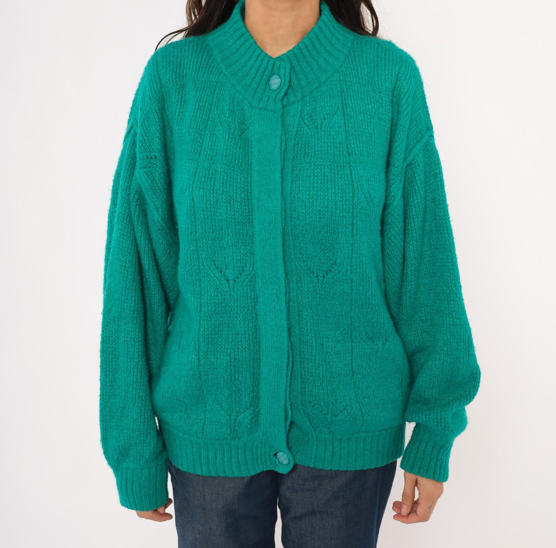 90s Astri Teal Mohair Cardigan Leaf Cable Knit Bomber Medium M