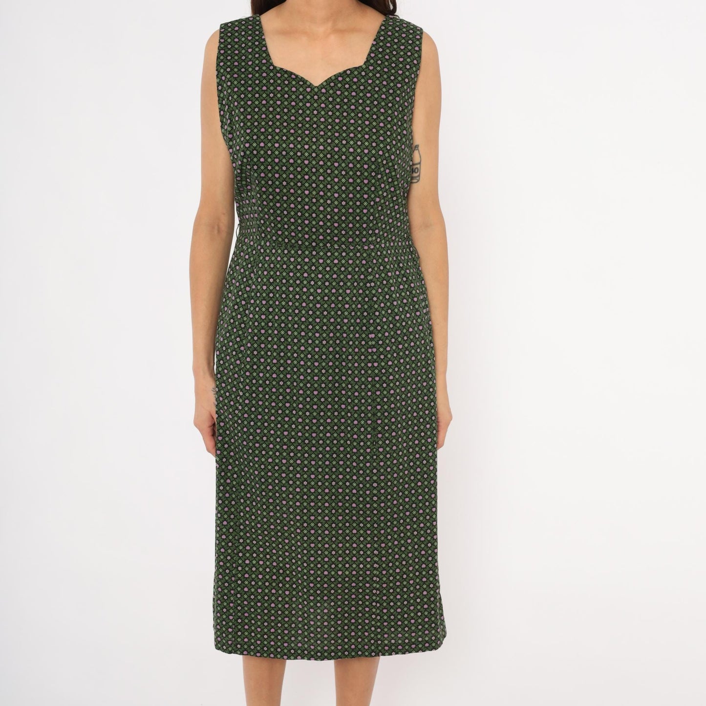 60s Heart Floral Cotton Dress Sweetheart Neckline Pencil Skirt Forest Green Large L