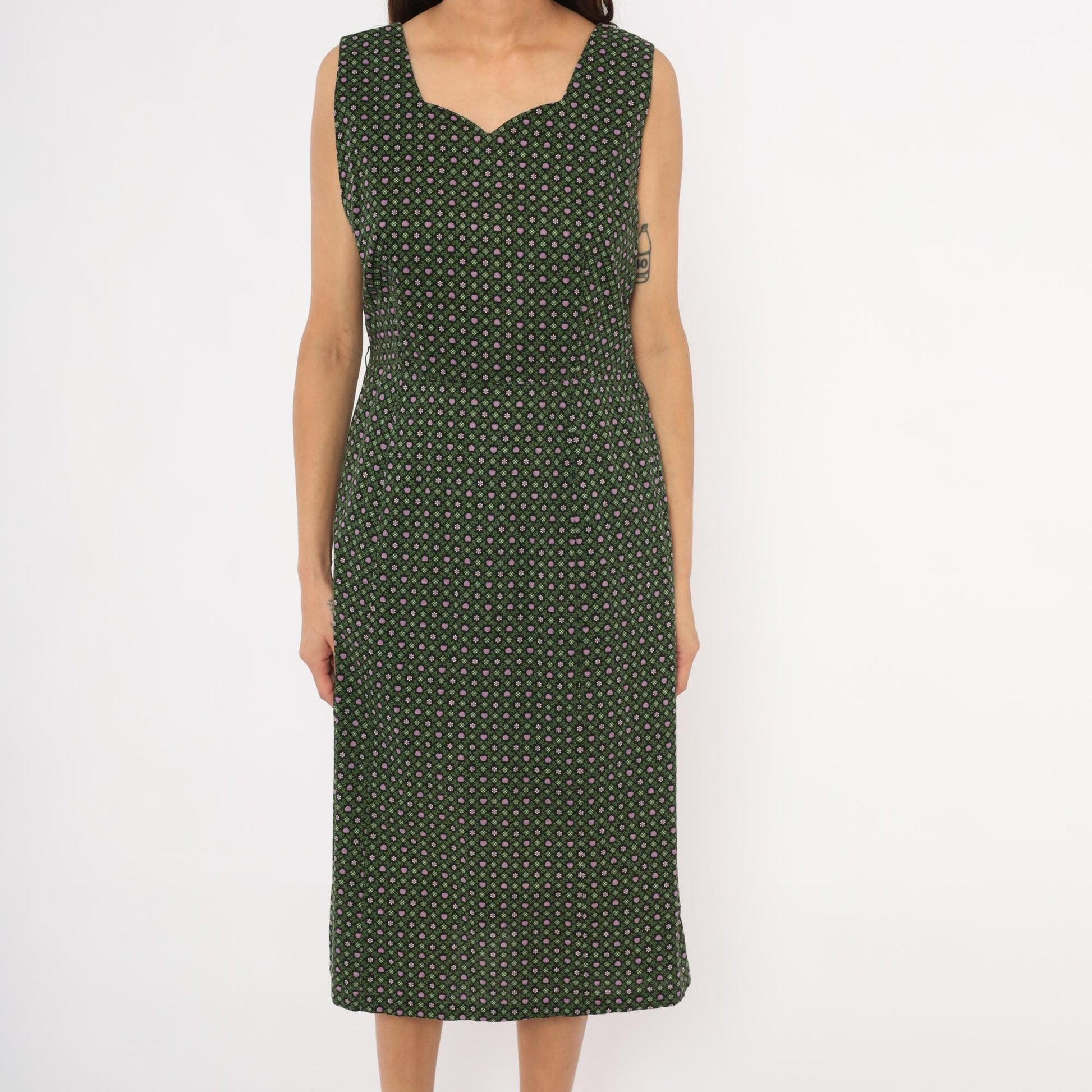 60s Heart Floral Cotton Dress Sweetheart Neckline Pencil Skirt Forest Green Large L