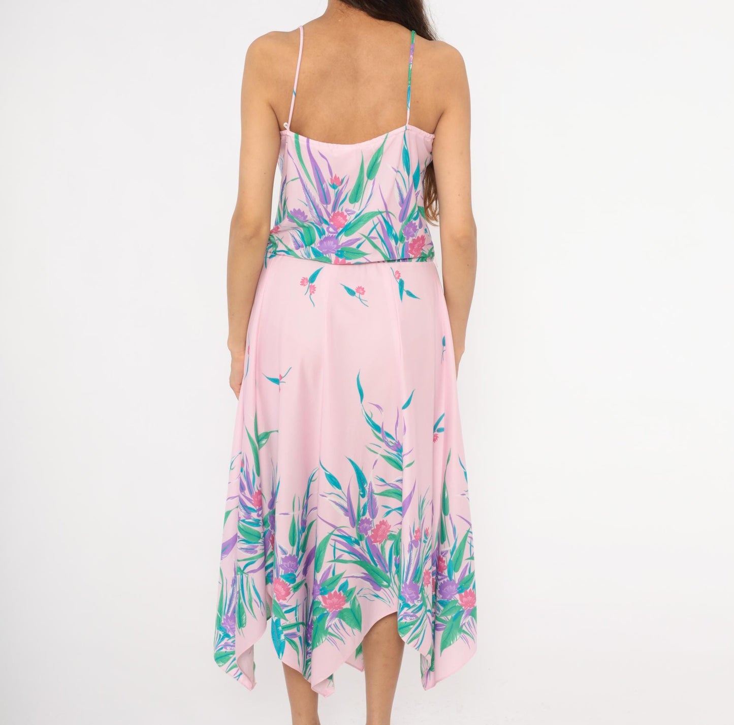 70s Floral Sundress Pink Purple Tropical Print Handkerchief Hem Medium