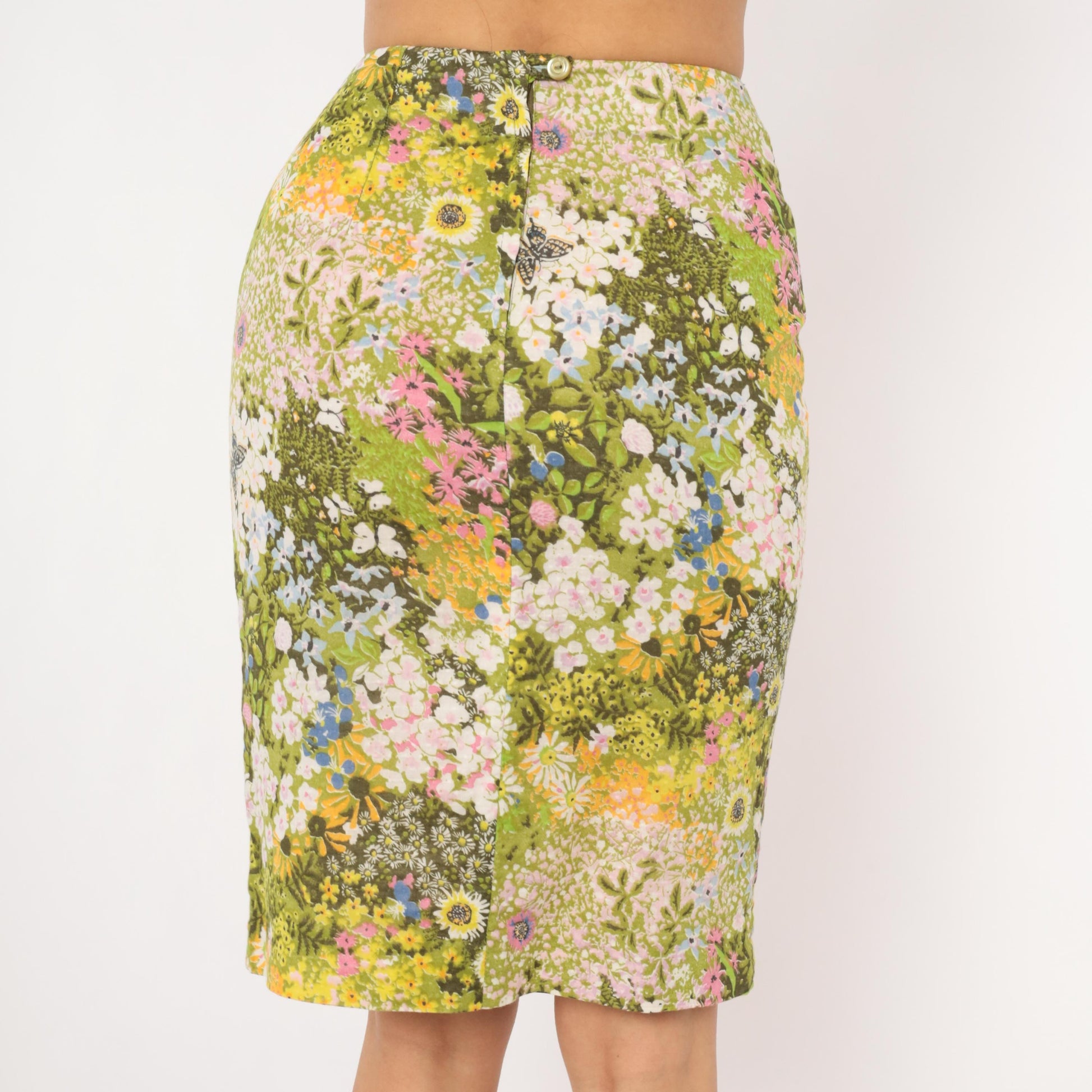70s Wildflower Garden Pencil Skirt Green Floral Butterfly Print Knee Length Small