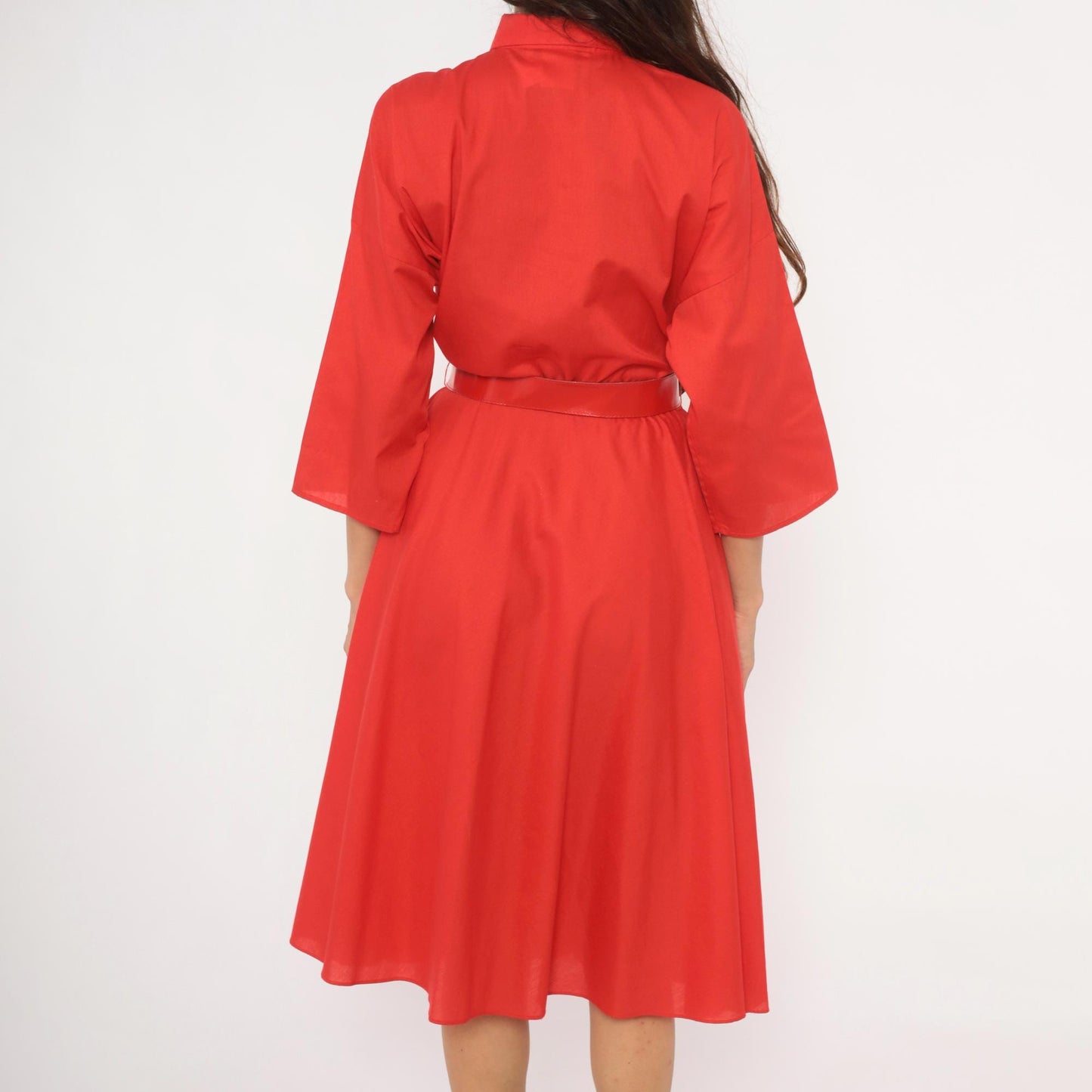 80s The American Shirt Dress Red Midi Button-Front Belted Waist Medium M