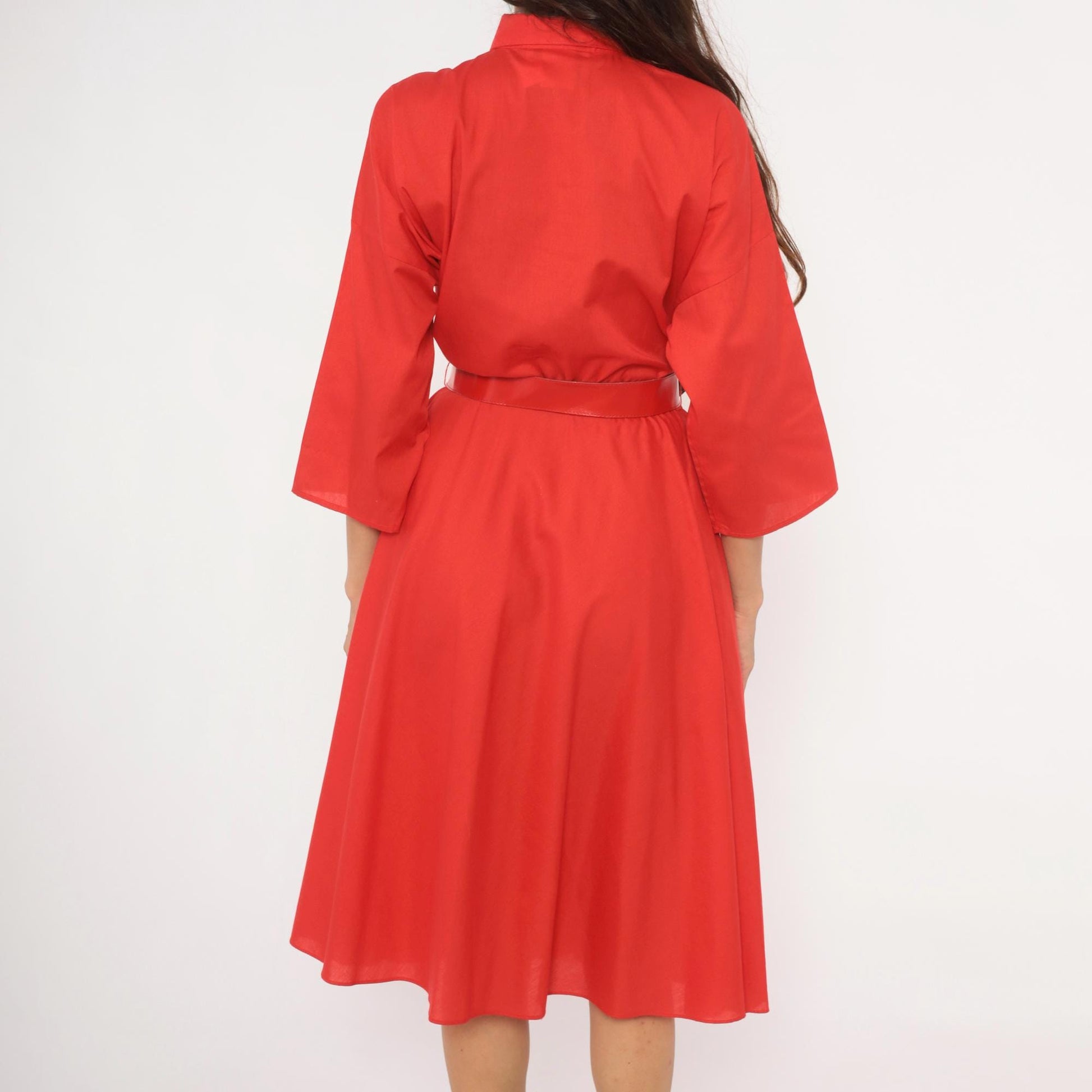 80s The American Shirt Dress Red Midi Button-Front Belted Waist Medium M