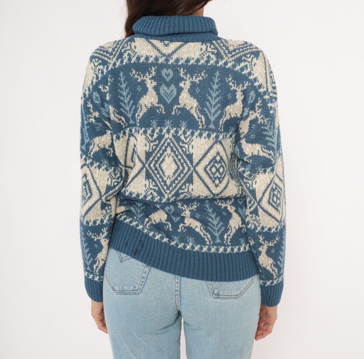 90s United States Sweaters Reindeer Fair Isle Turtleneck Blue Cream Small