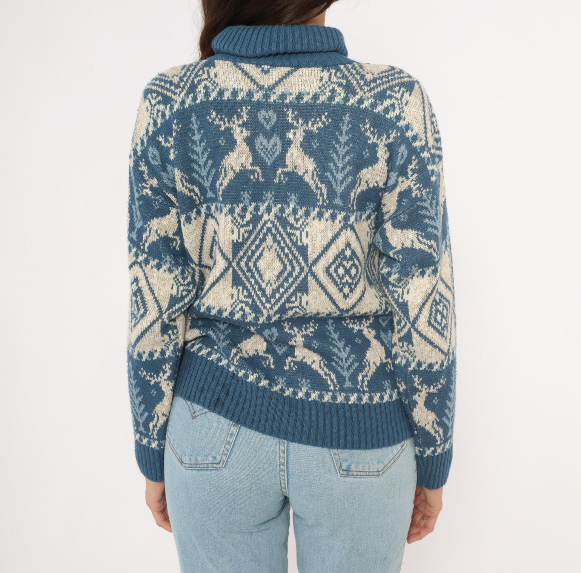 90s United States Sweaters Reindeer Fair Isle Turtleneck Blue Cream Small
