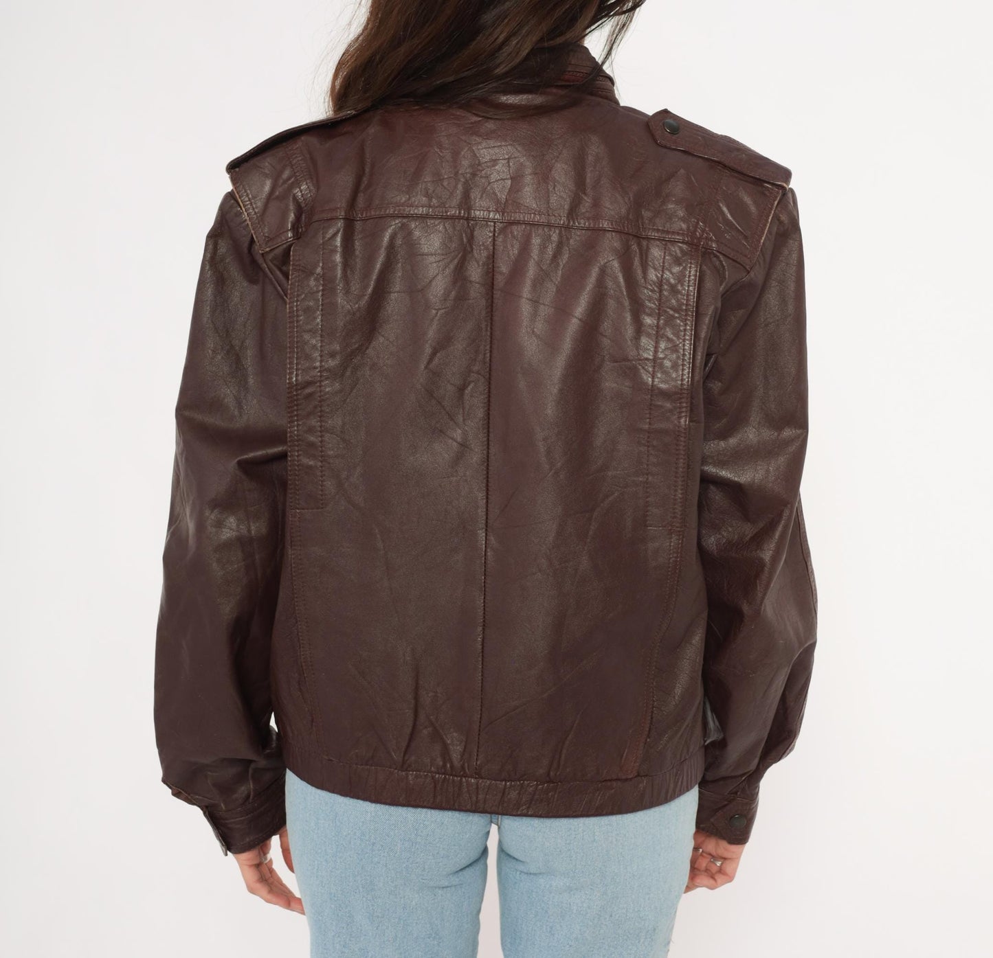 80s Leather Den Burgundy Bomber Jacket Zip Front Moto Coat Medium M