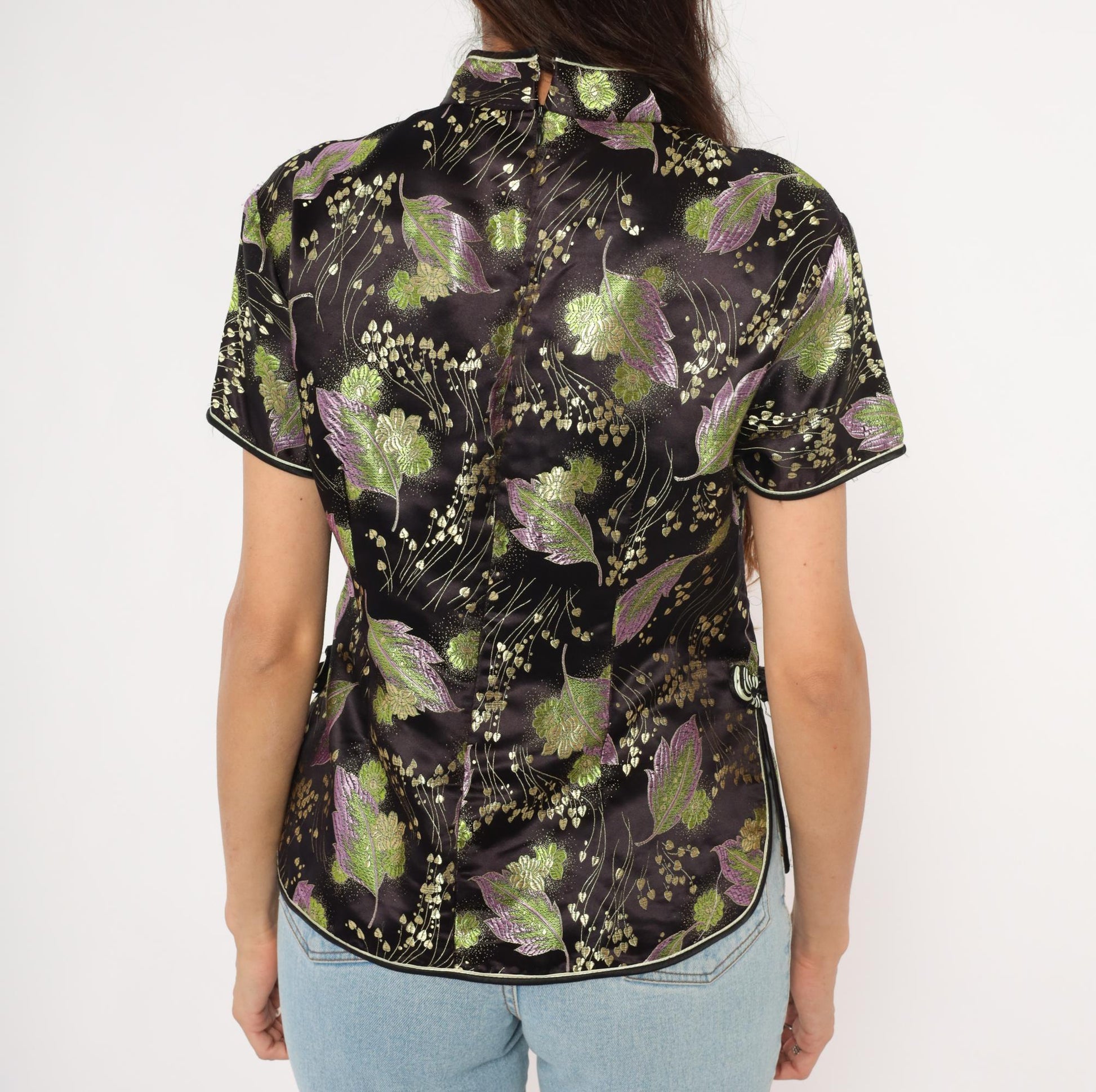 90s Mimi Cheongsam Top Black Brocade Floral Mandarin Collar Plus Size XXL
