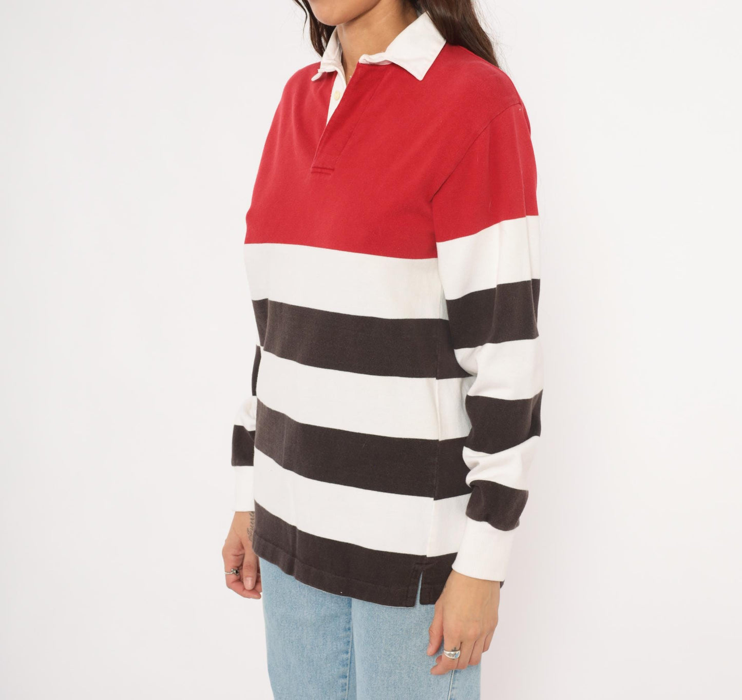 90s Cambridge Classics Rugby Shirt Striped Red White Brown Cotton Small
