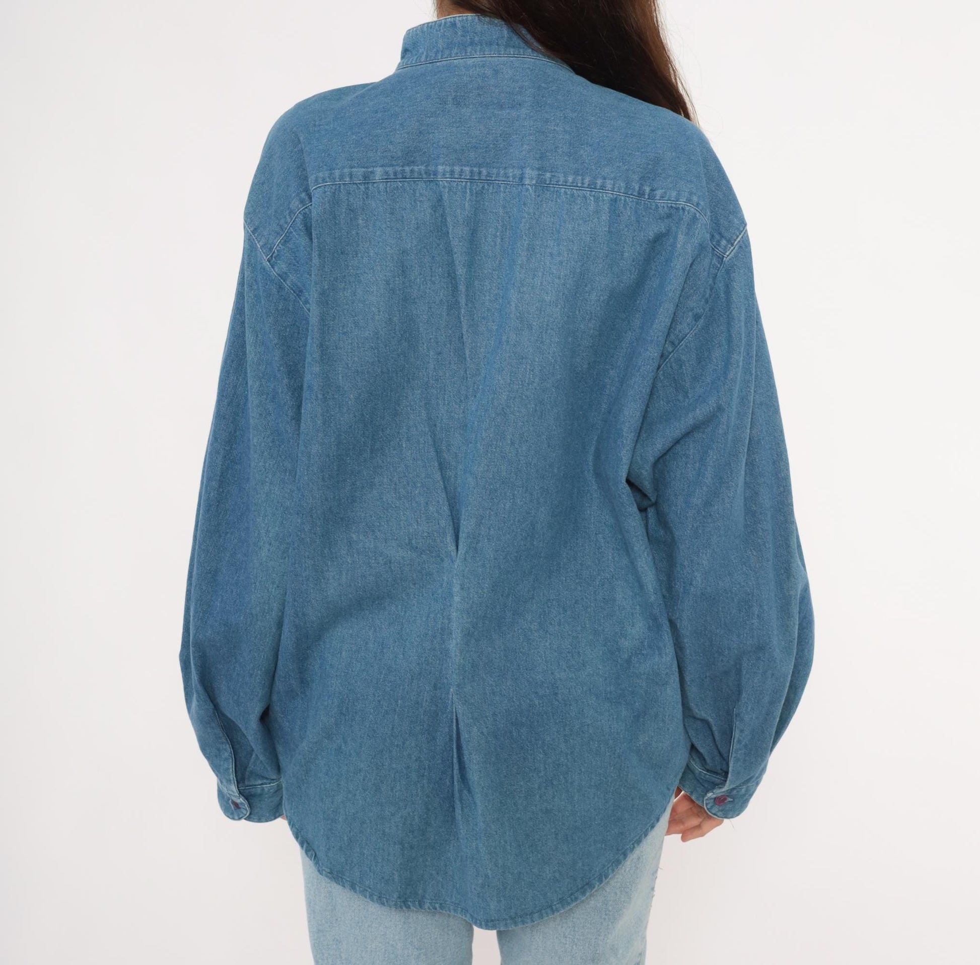 90s International Male Denim Shirt Mandarin Collar Button Front Blue Chambray Large L