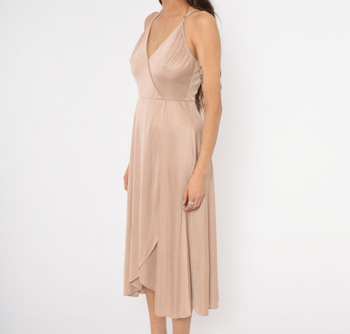70s Nude Halter Midi Dress Wrap Front Surplice Neckline Tulip Hem Medium
