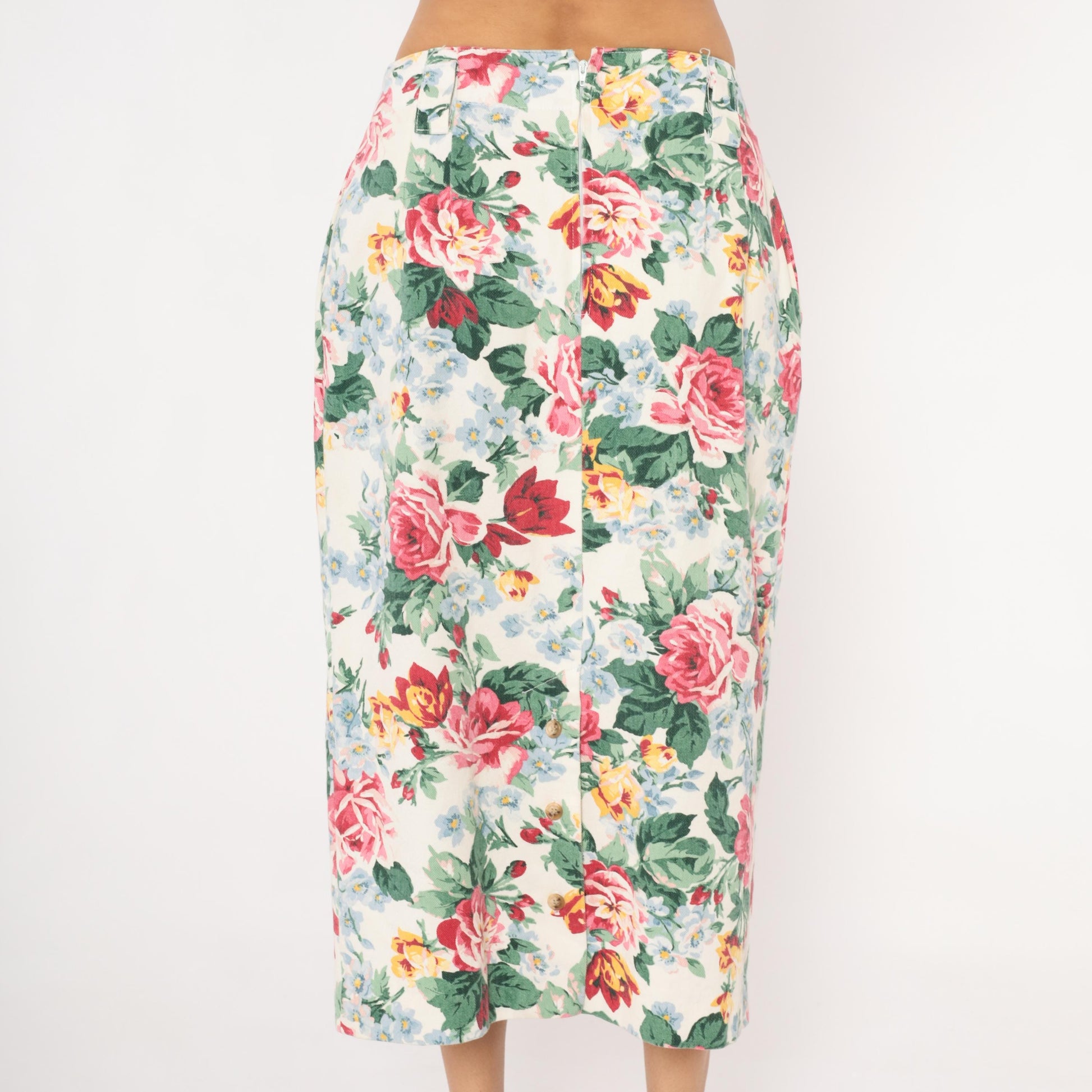 90s Gotcha Covered Floral Pencil Skirt Cream Rose Print Cotton Medium L