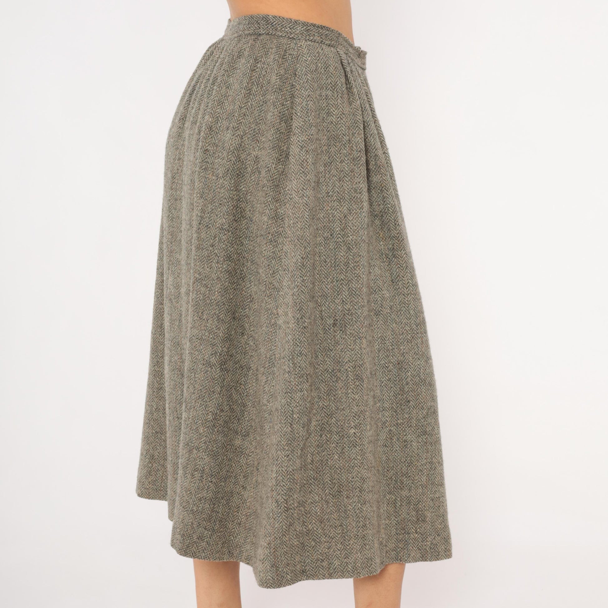 80s David Brooks Wool Herringbone Midi Skirt Grey Tan Pleated Medium L