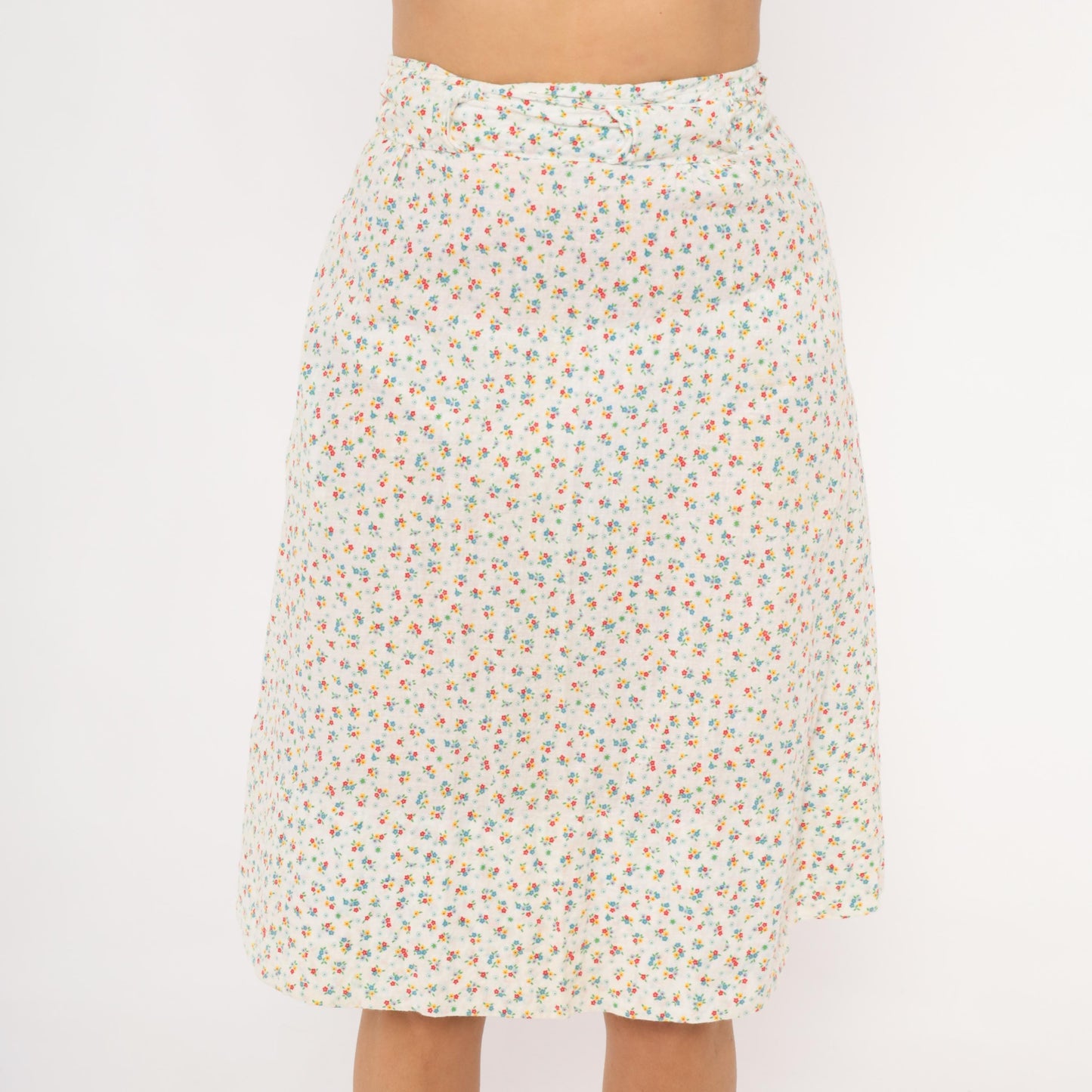 1960s Ditsy Floral A-Line Skirt White Calico Cotton Blend Small S