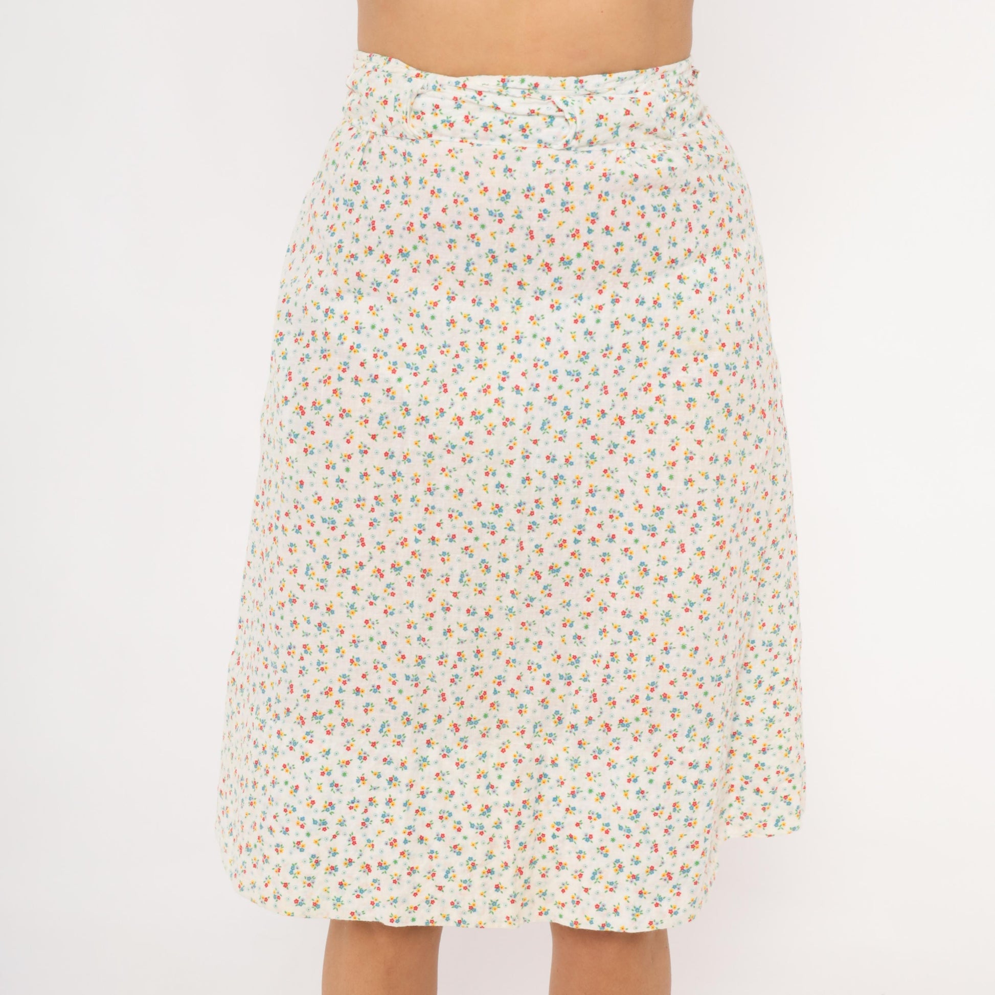1960s Ditsy Floral A-Line Skirt White Calico Cotton Blend Small S