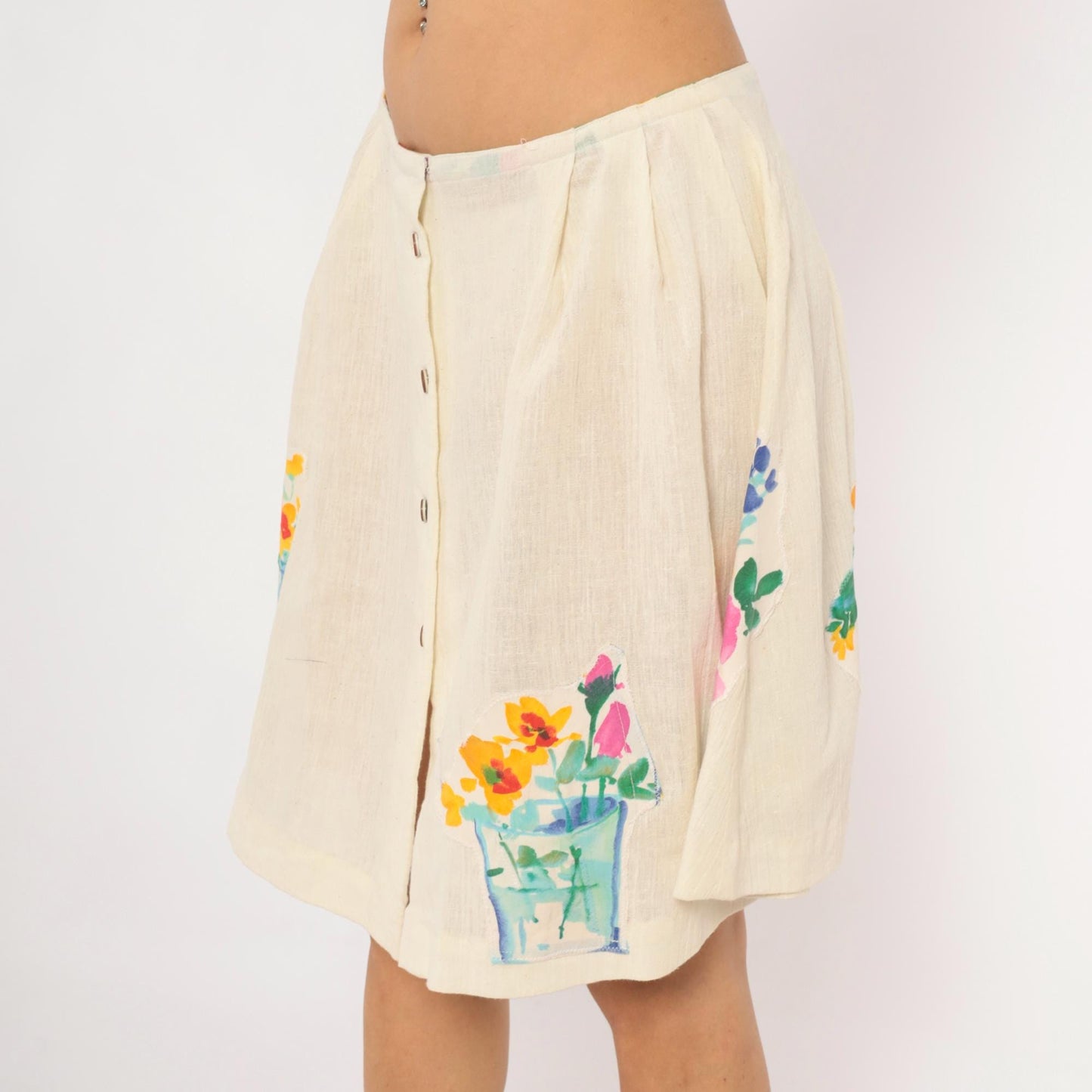 90s Cream Linen A-Line Mini Skirt Watercolor Floral Vase Appliqué Medium