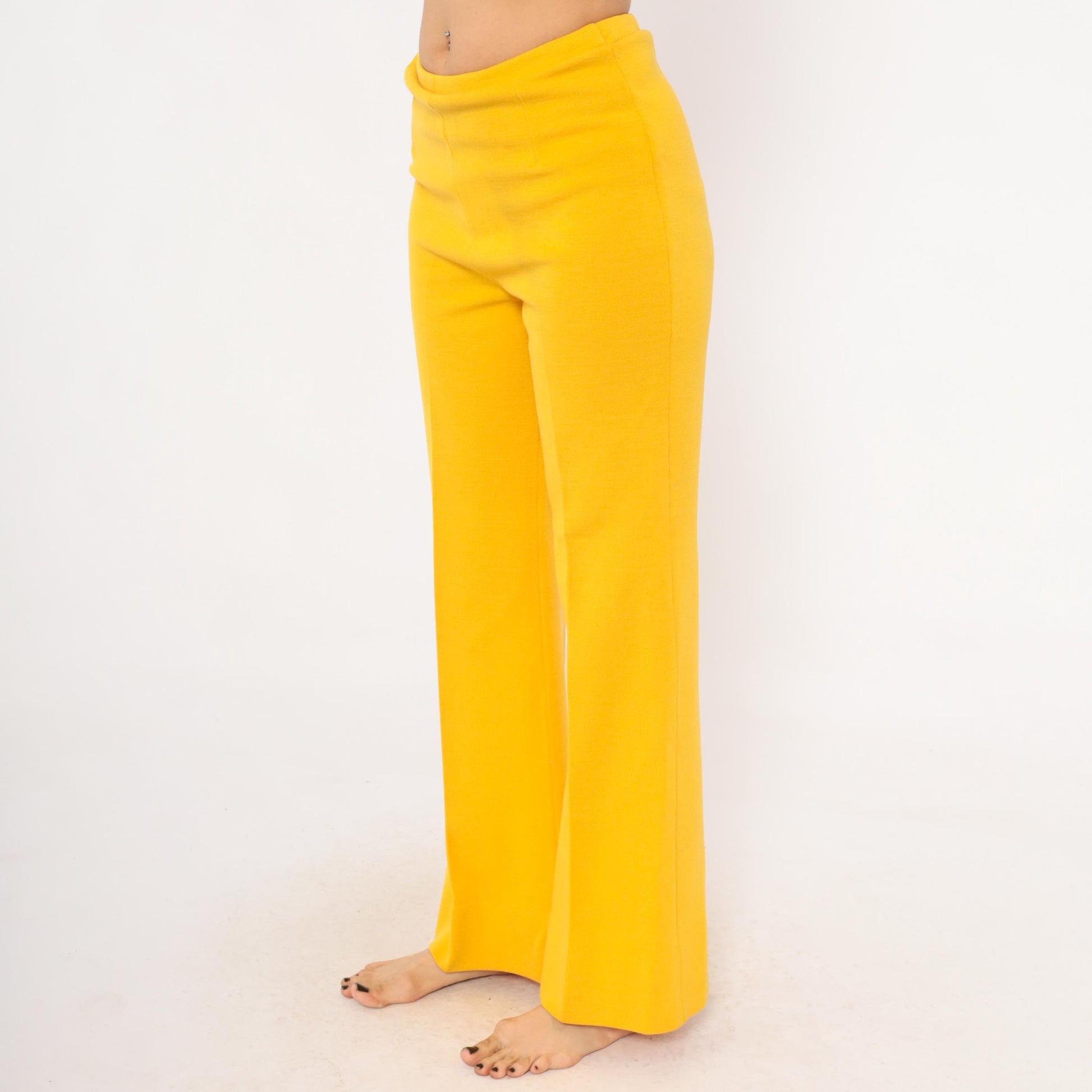 70s Mustard Wide Leg Trousers Pull-On Wool Blend High Waist Straight Leg Large L