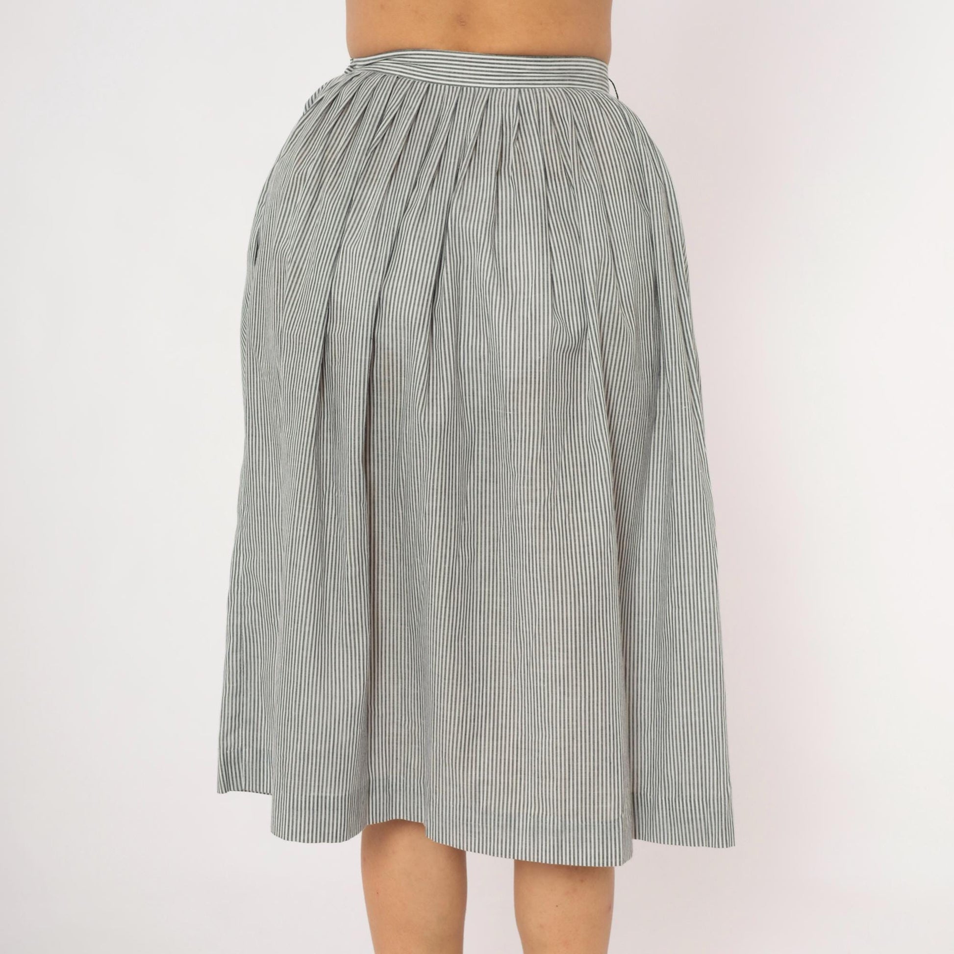80s NR1 Grey Pinstripe Gathered Skirt Cotton Pleated High-Waisted Extra Small