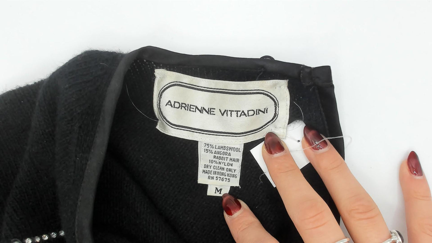 80s Adrienne Vittadini Rhinestone Studded Wool Angora Crewneck Pullover Black Medium