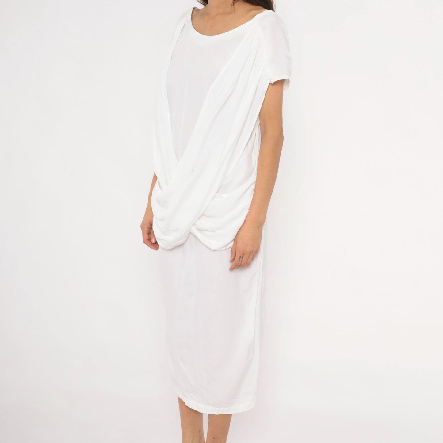 80s Police File White Grecian Midi Dress Cowl Drape Low Back Large L