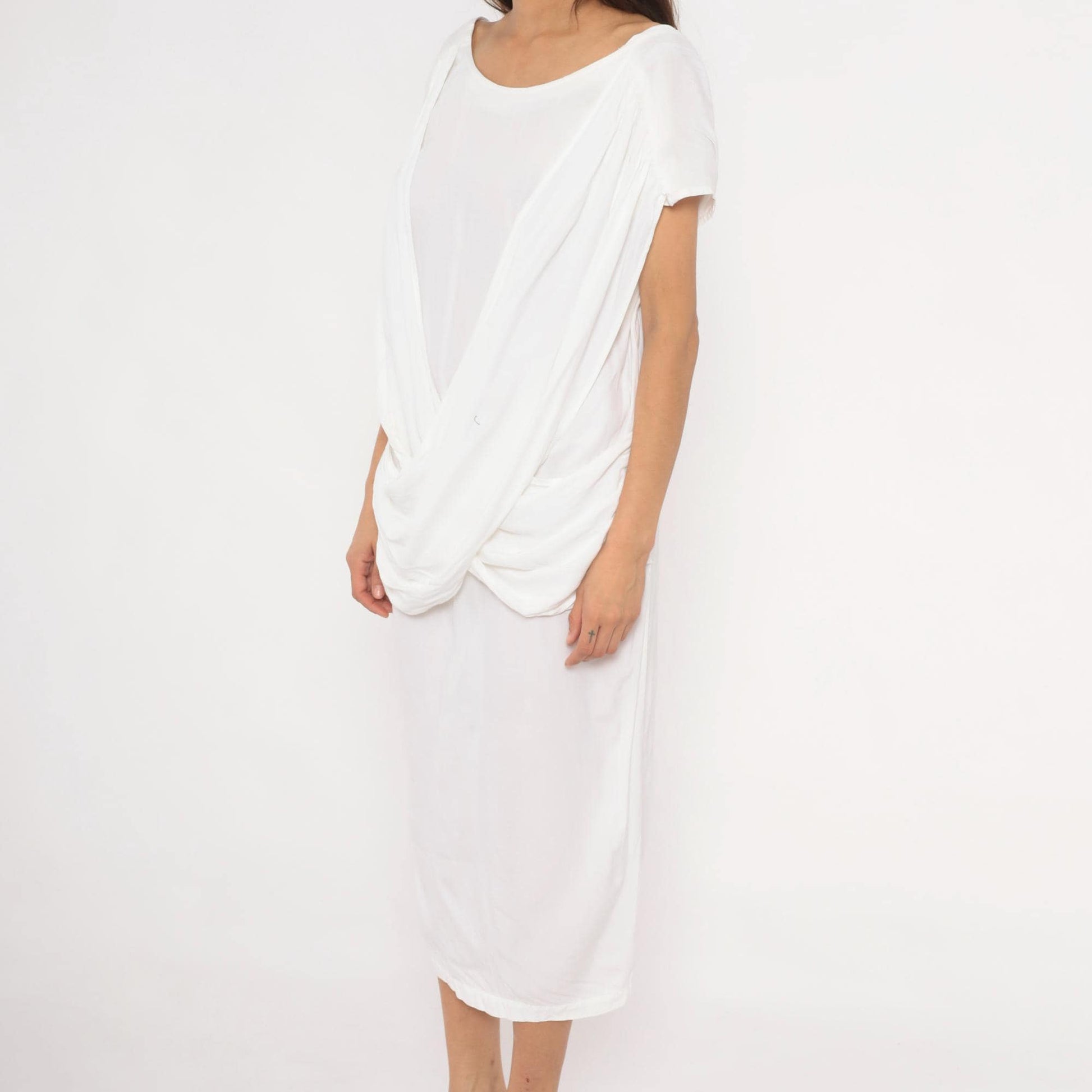 80s Police File White Grecian Midi Dress Cowl Drape Low Back Large L