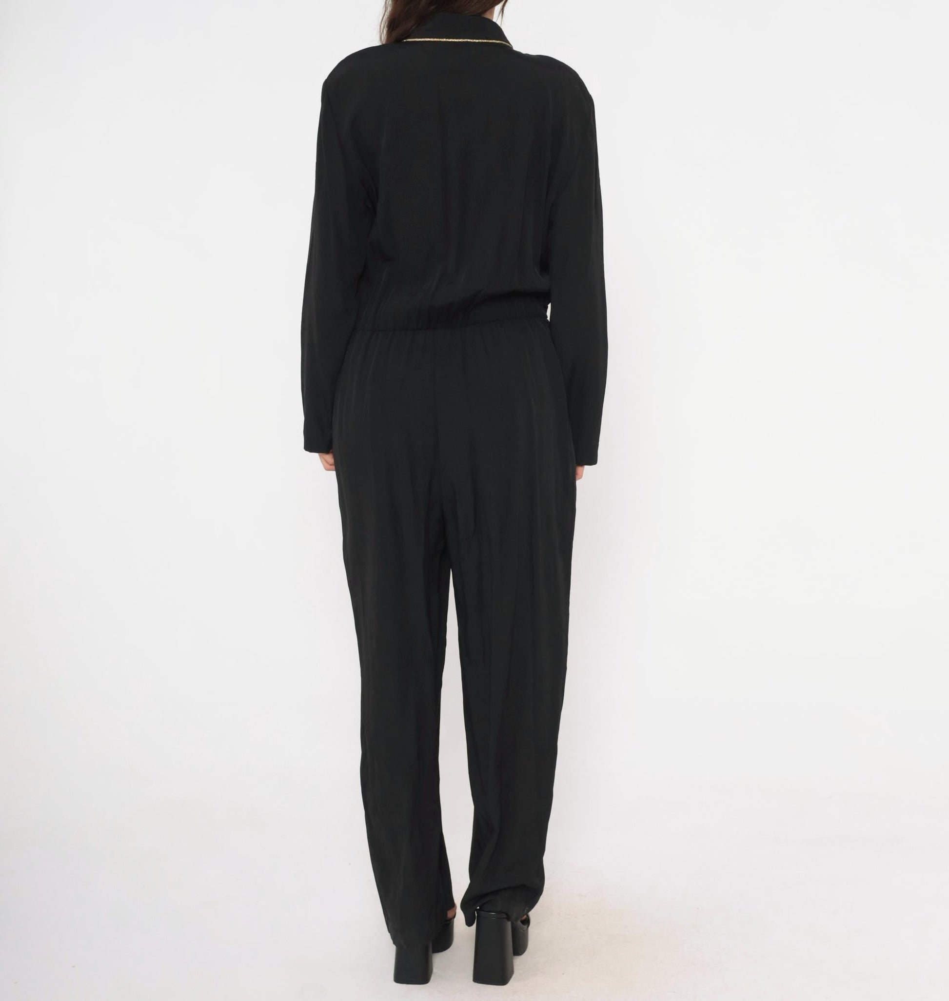 80s John Roberts Black Jumpsuit Gold Embroidered Shawl Collar Wide Leg Large L