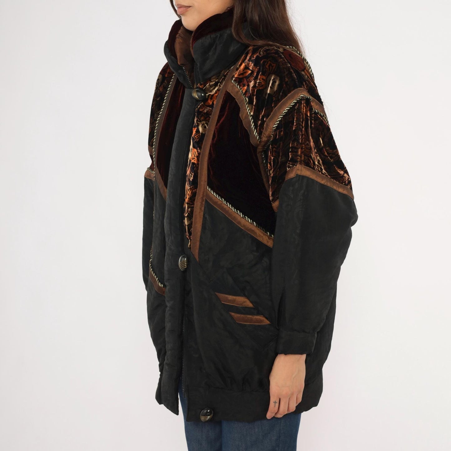 90s Frozen Dreams Velvet Patchwork Puffer Jacket Black Burgundy Extra Small