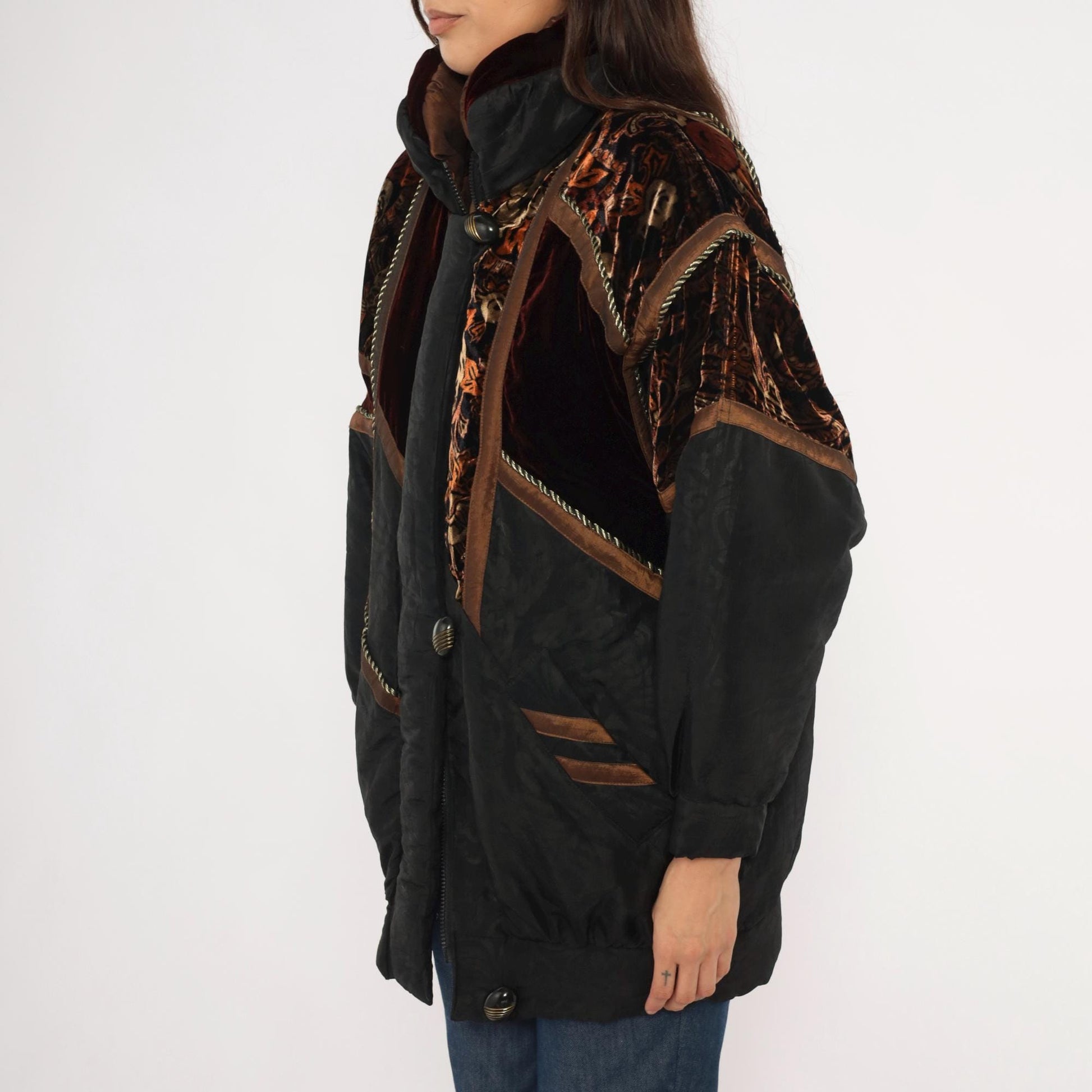 90s Frozen Dreams Velvet Patchwork Puffer Jacket Black Burgundy Extra Small