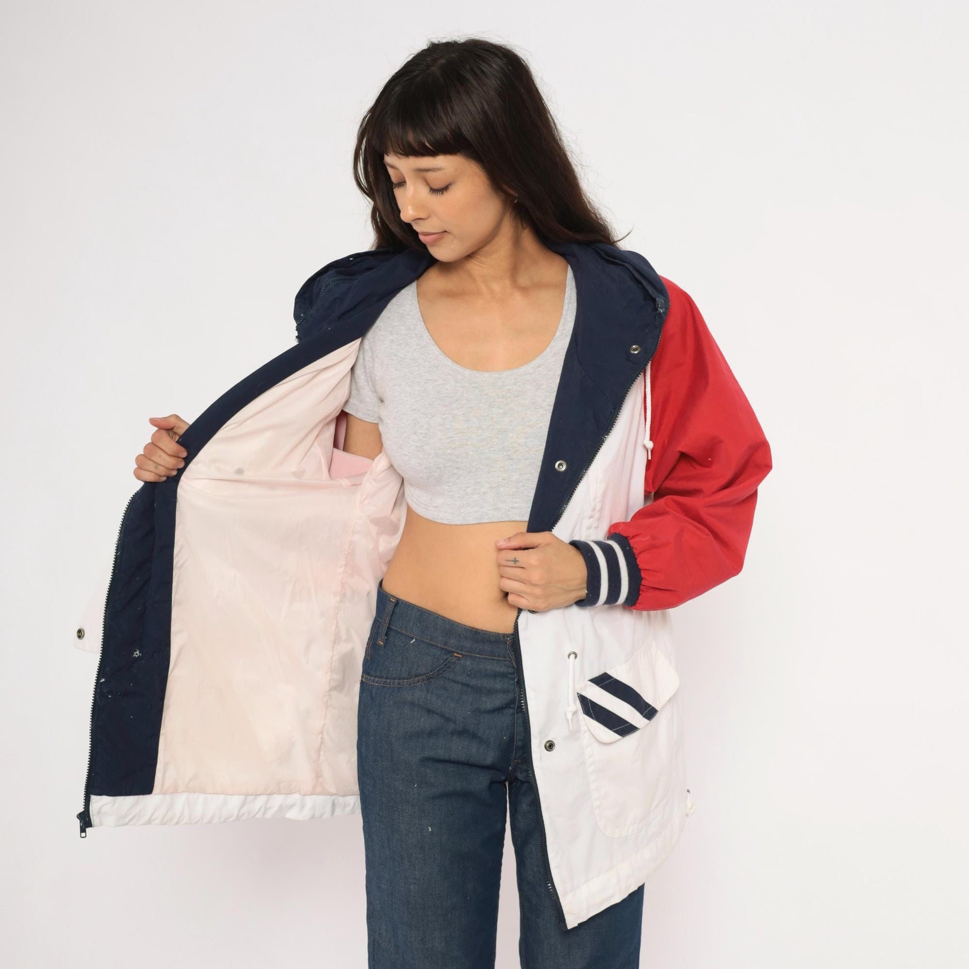 90s Mulberry Street Colorblock Windbreaker Hooded Snap Jacket White Red Navy Medium M
