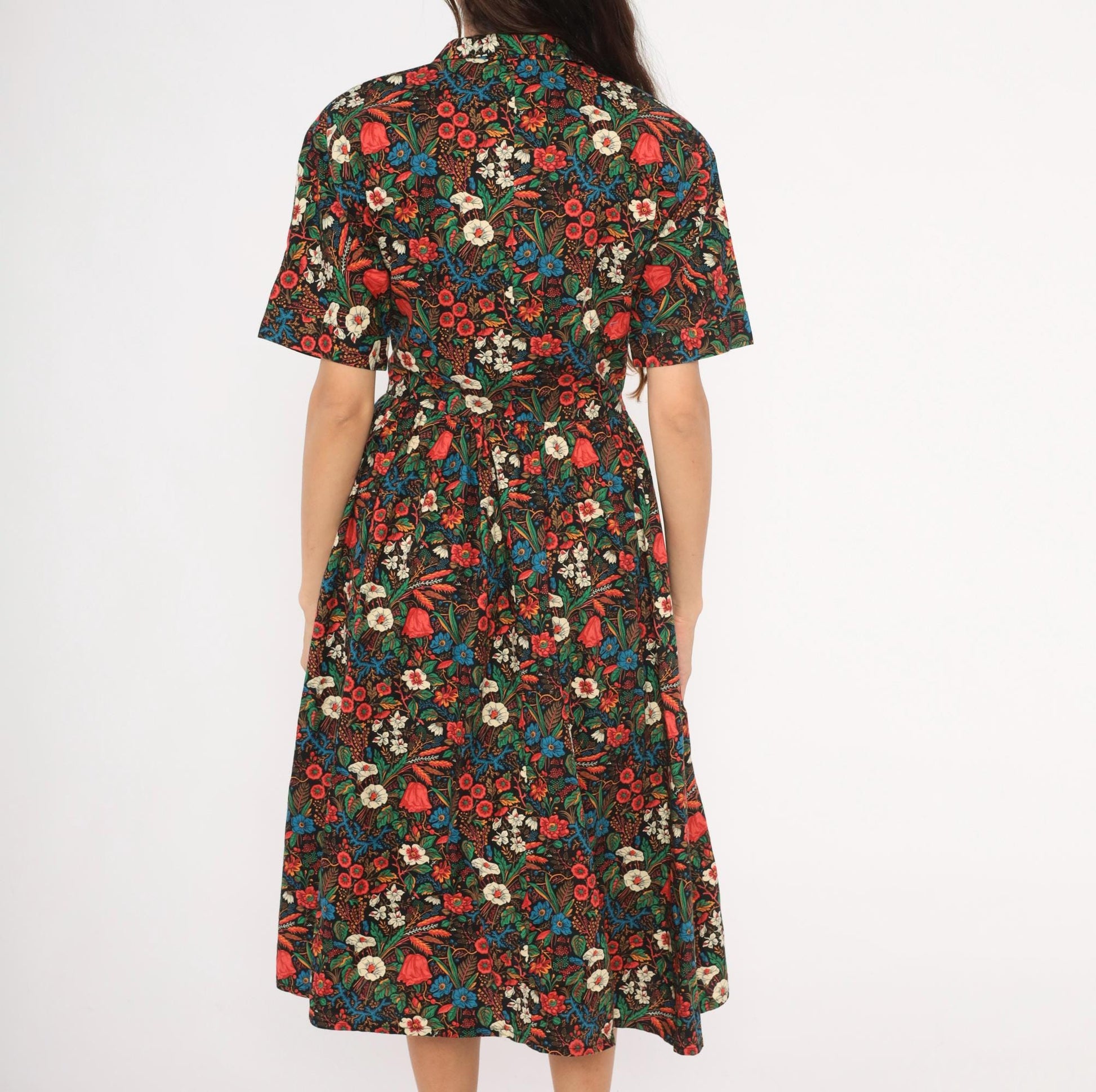 80s Black Floral Shirtdress Cotton Botanical Print Fitted Waist Small