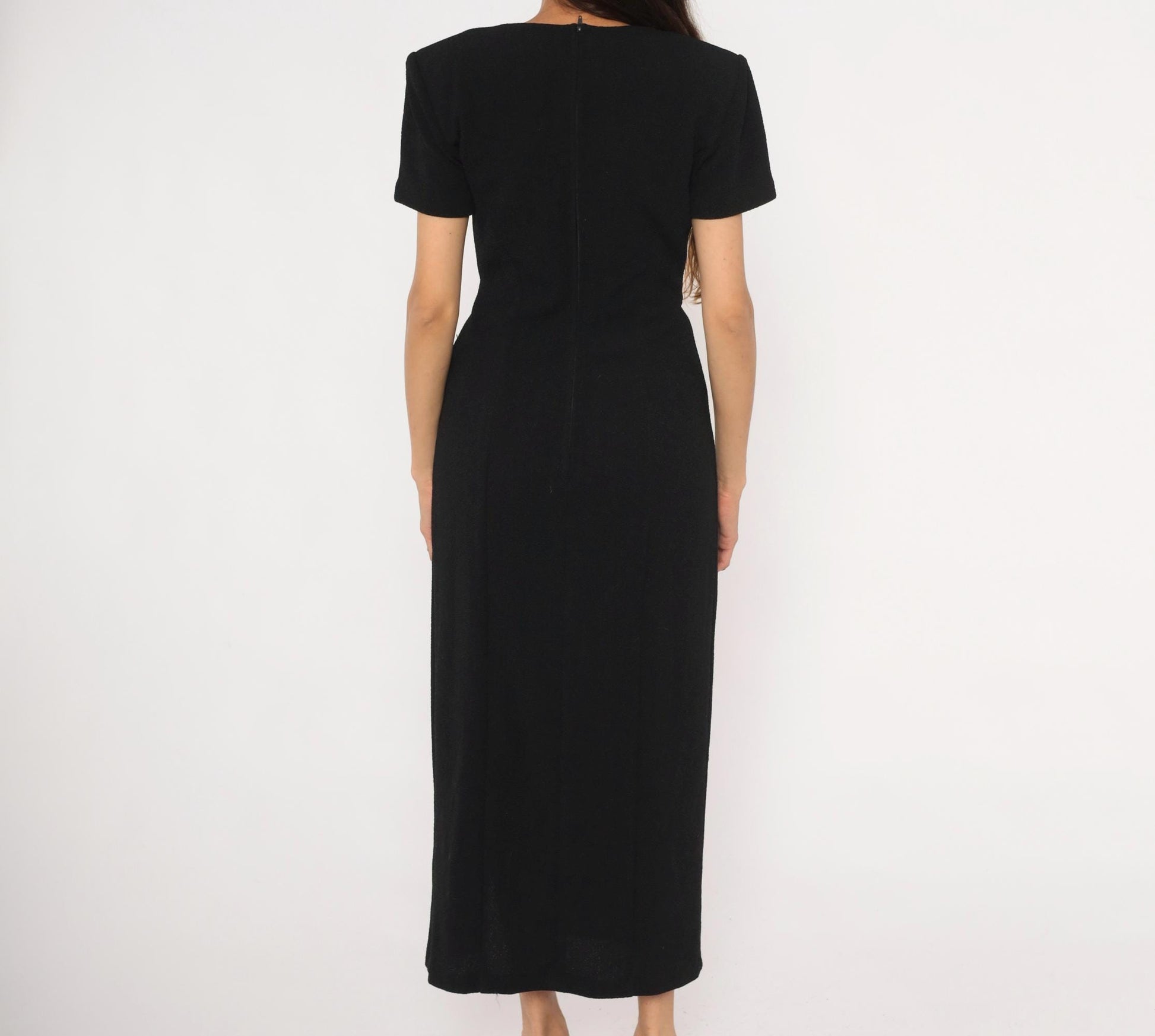 90s Scarlett Black Maxi Dress Silver Metal Waist Accents Short Sleeve Small