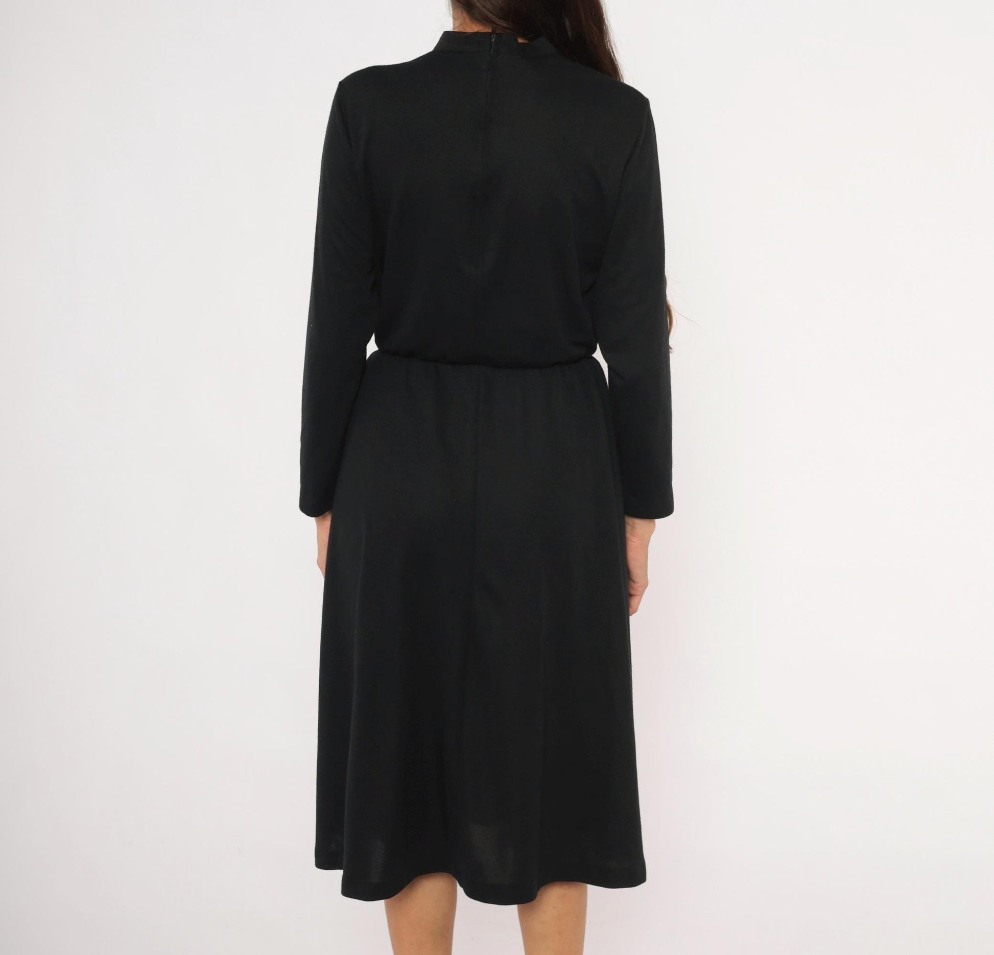 80s Philippe Marcel Black Mock Neck Dress Gathered Knee-Length Small Medium