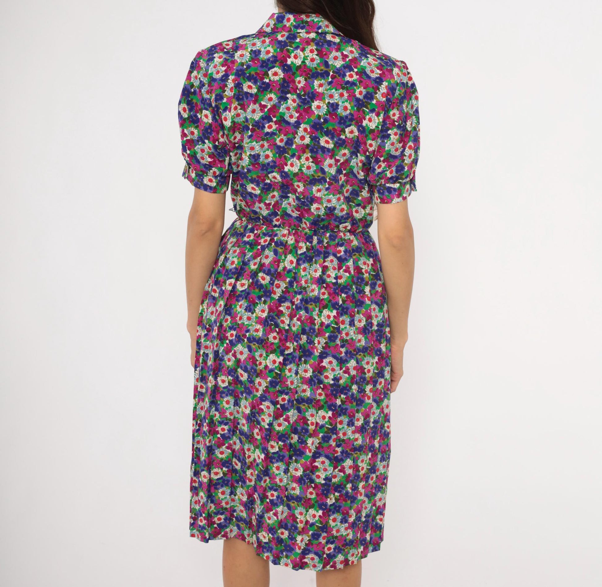 80s Winning Ticket Floral Shirtdress Purple Garden Print Puff Sleeve Small