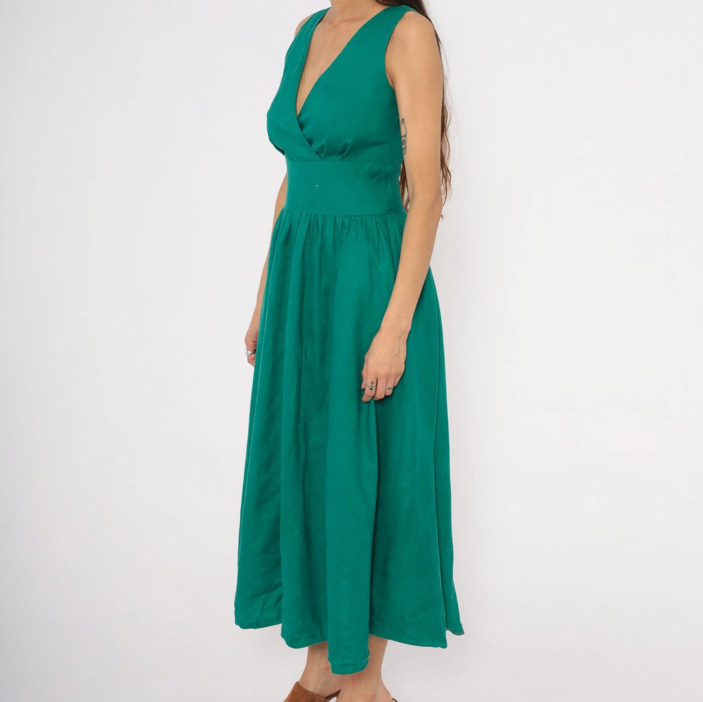 80s Kenar 2 Teal Linen Midi Dress Surplice V-Neck Sleeveless Small S