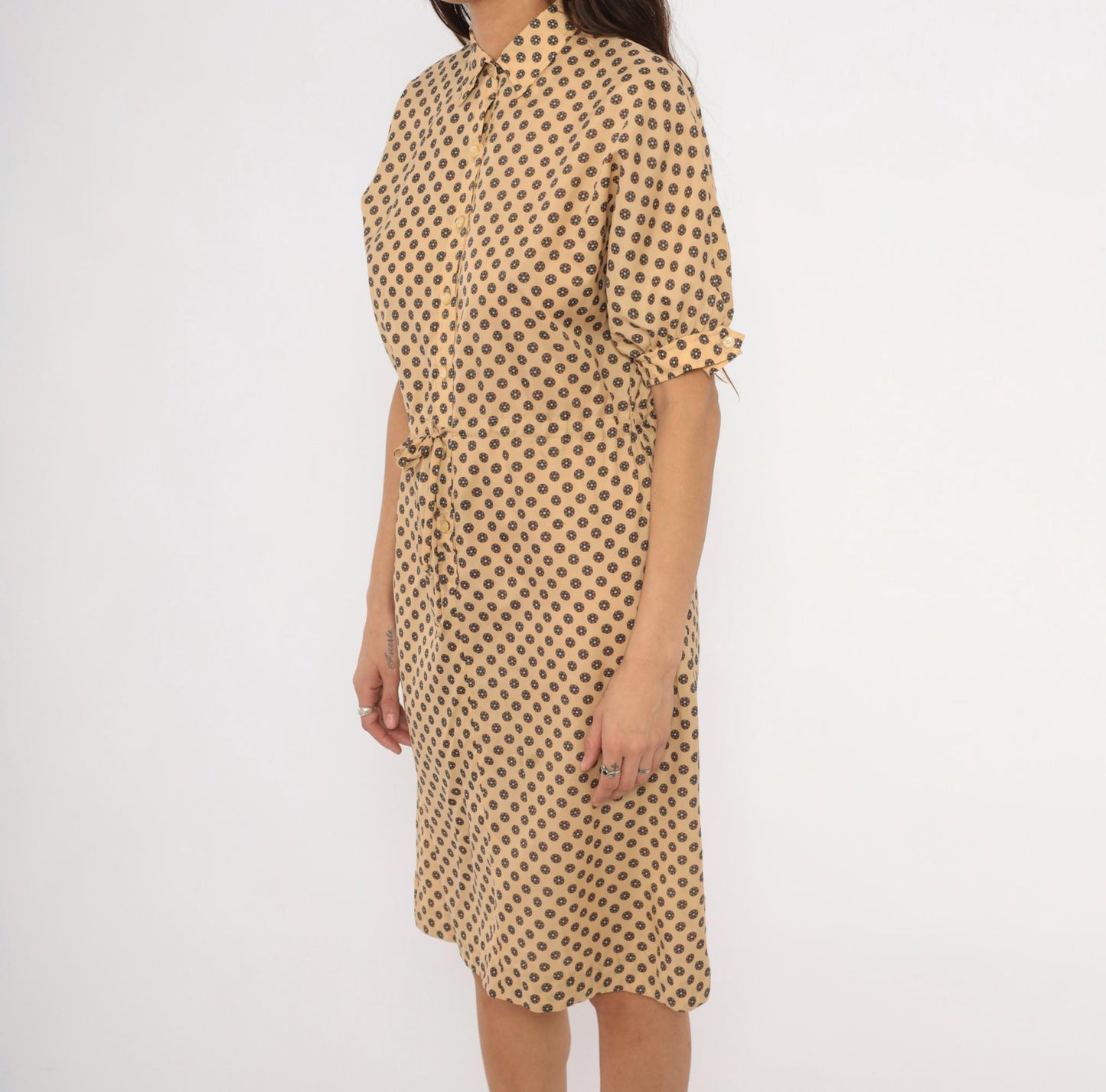 80s Kevin Stuart Petites Medallion Floral Shirtdress Tan Medium M