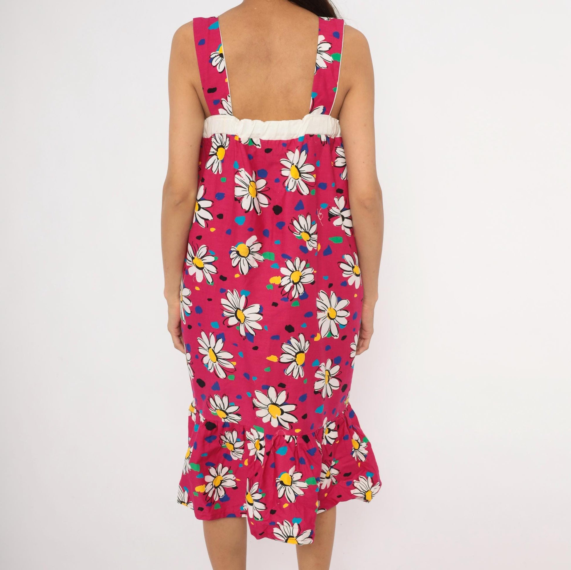 90s Fuchsia Daisy Print Cotton Sundress Square Neck Ruffle Pockets Small