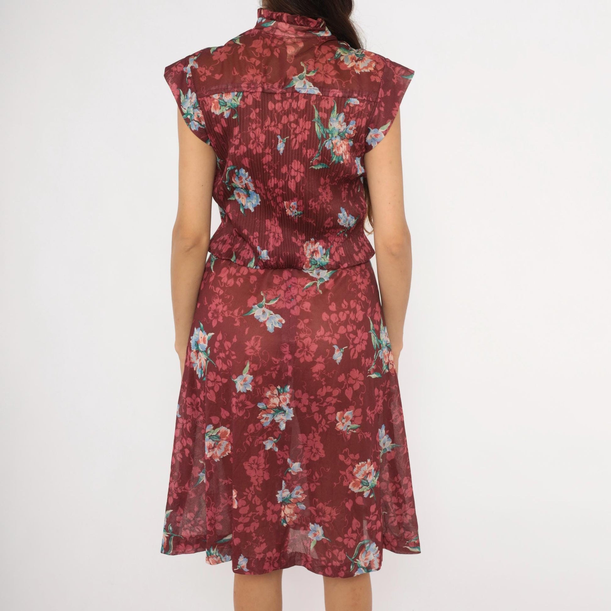 70s Queen's Row Burgundy Floral Midi Dress Cap Sleeve Tie Neck Medium Large