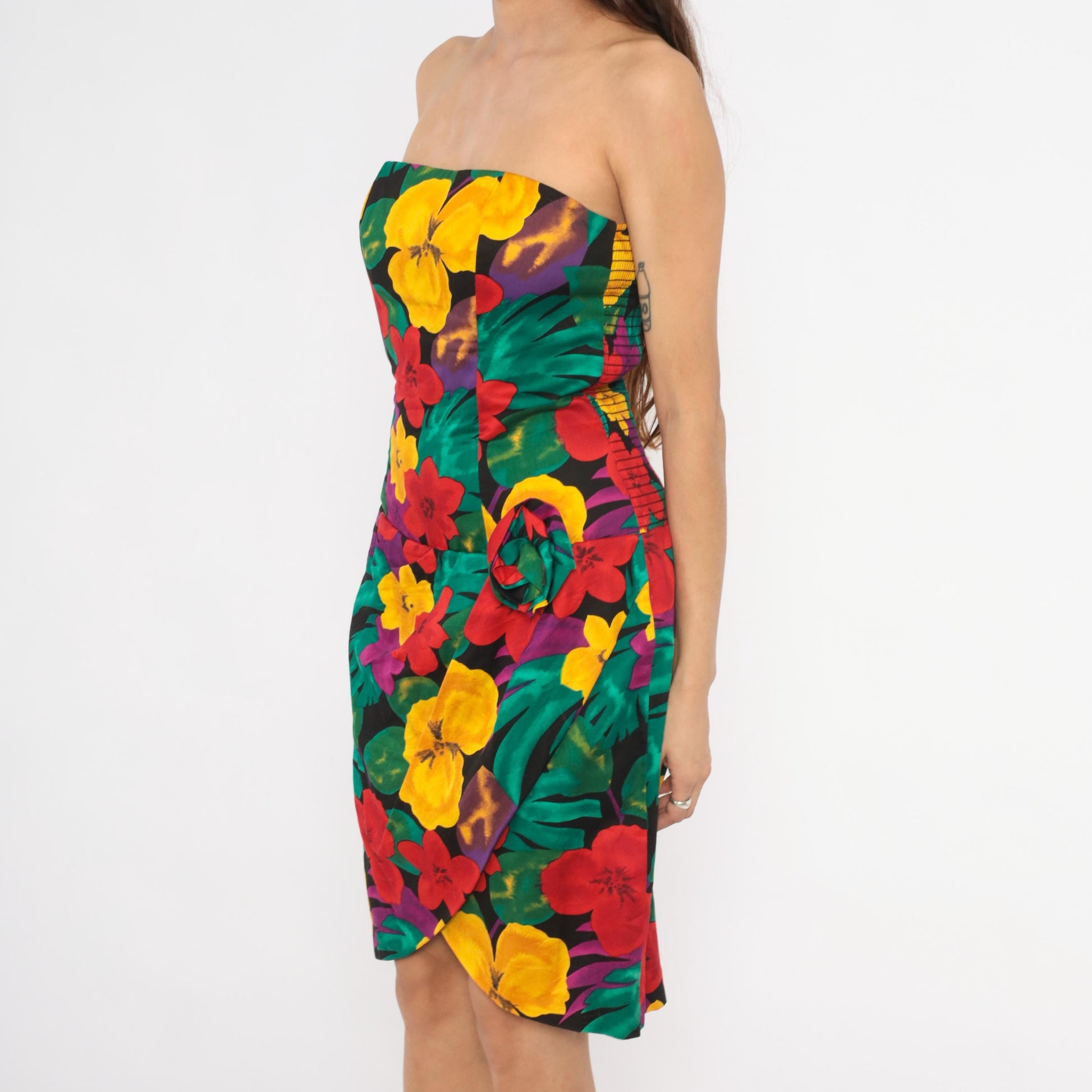 90s Positively Ellyn Tropical Floral Strapless Dress Knee-Length Wrap Skirt Large