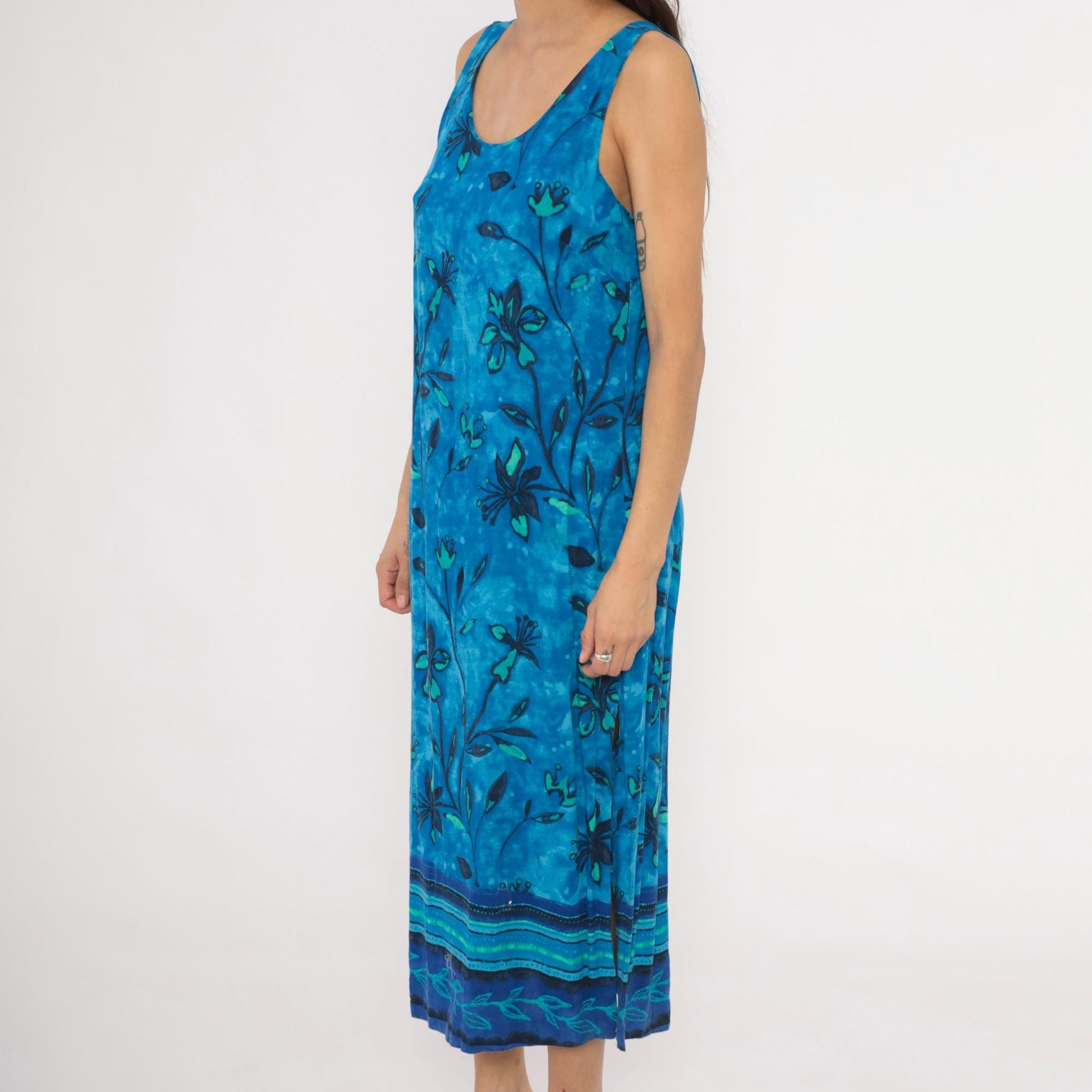 90s Worthington Blue Batik Floral Maxi Dress Tank Sleeveless Teal Navy Medium