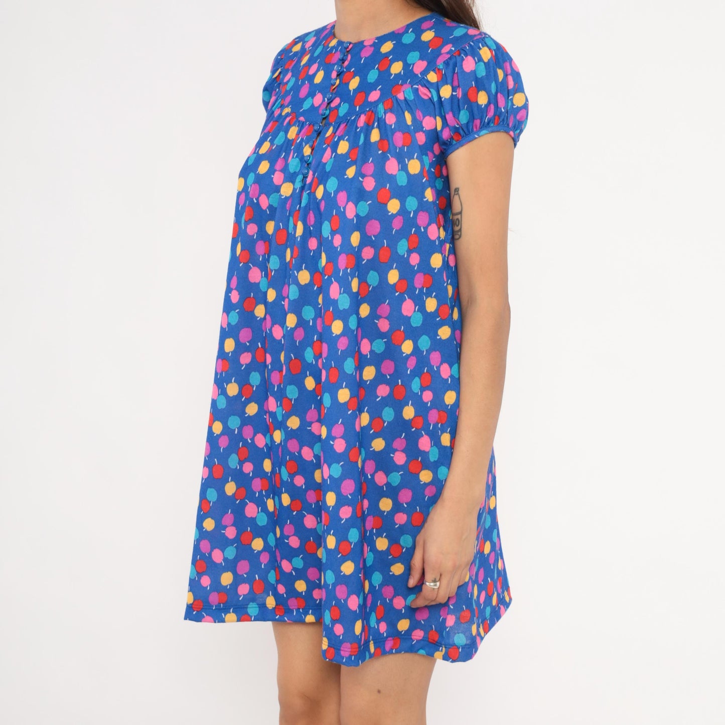 80s Lanz Originals Apple Print Babydoll Dress Blue Puff Sleeve Mini Small S