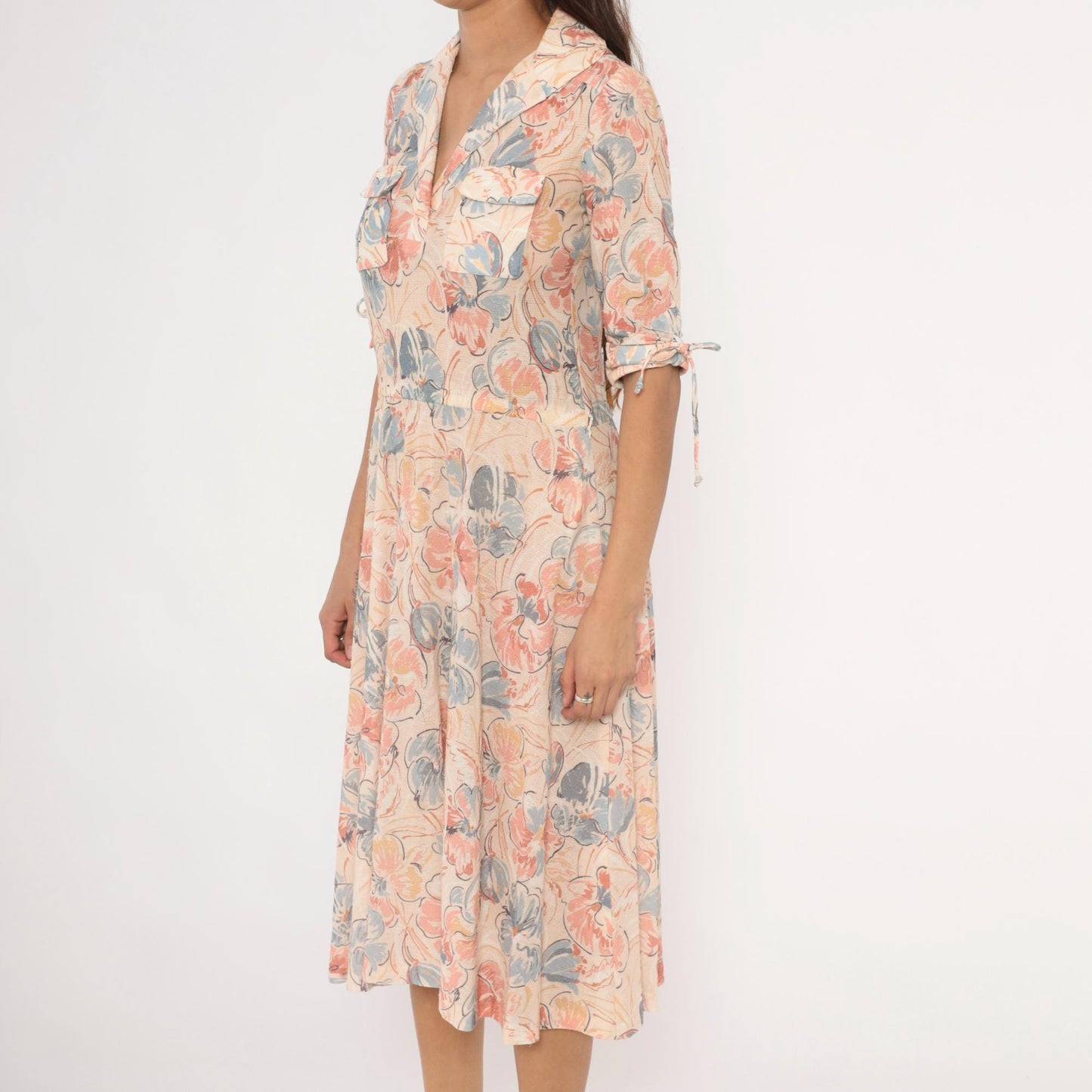 80s Watercolor Floral Midi Dress Notched Collar Tie Sleeve Cream Blush Small