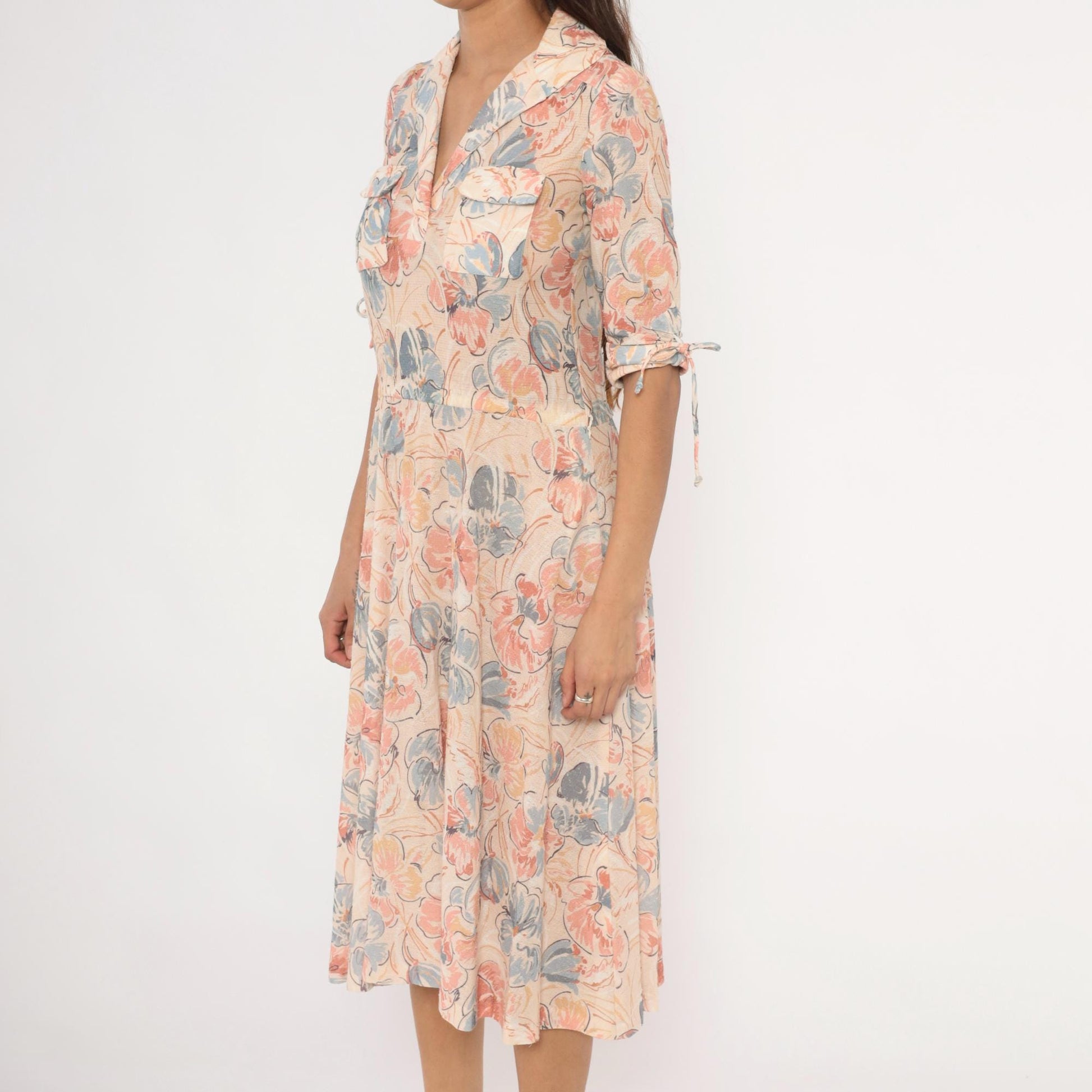 80s Watercolor Floral Midi Dress Notched Collar Tie Sleeve Cream Blush Small