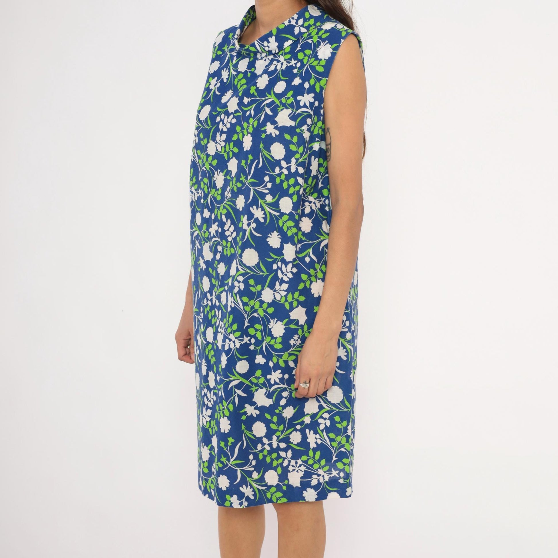 80s Mr. B California Blue Floral Shift Dress Cowl Neck Knee-Length Medium